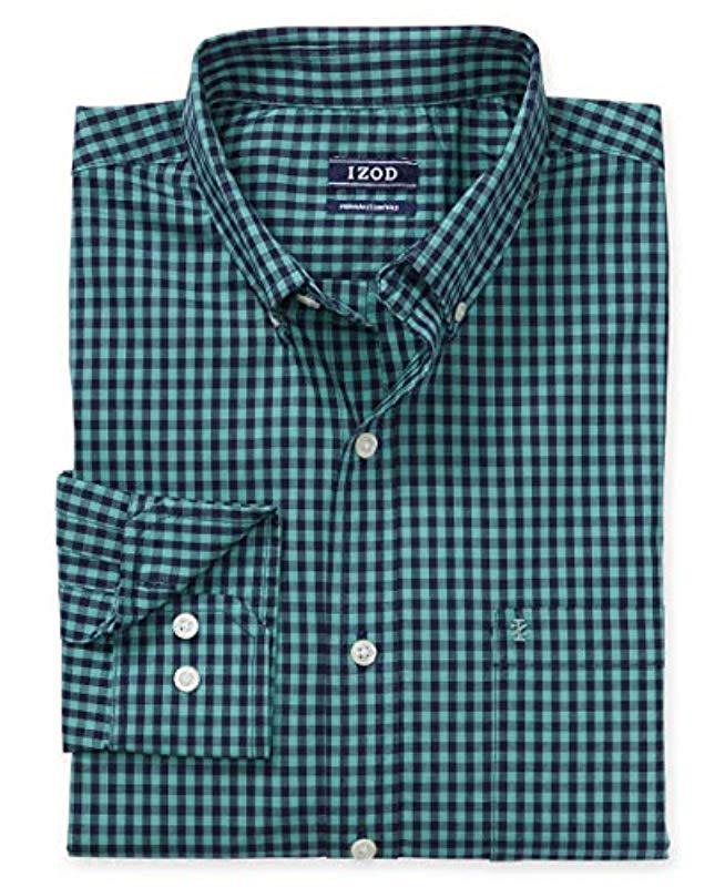 Izod Denim Button Down Long Sleeve Stretch Performance Gingham Shirt in