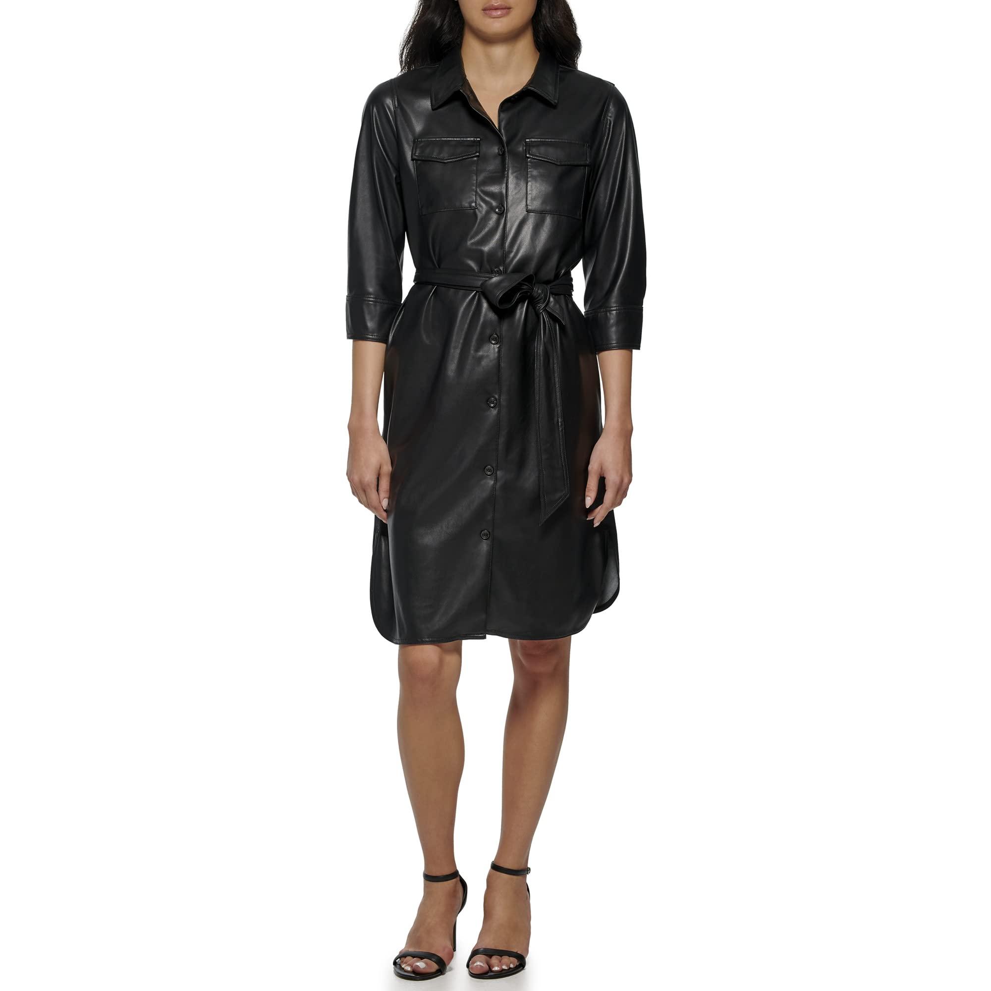 Calvin Klein Modern Edgy Faux Leather Belted Dress in Black | Lyst