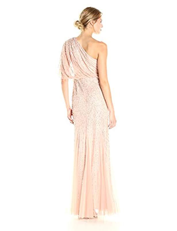 adrianna papell one shoulder beaded blouson gown