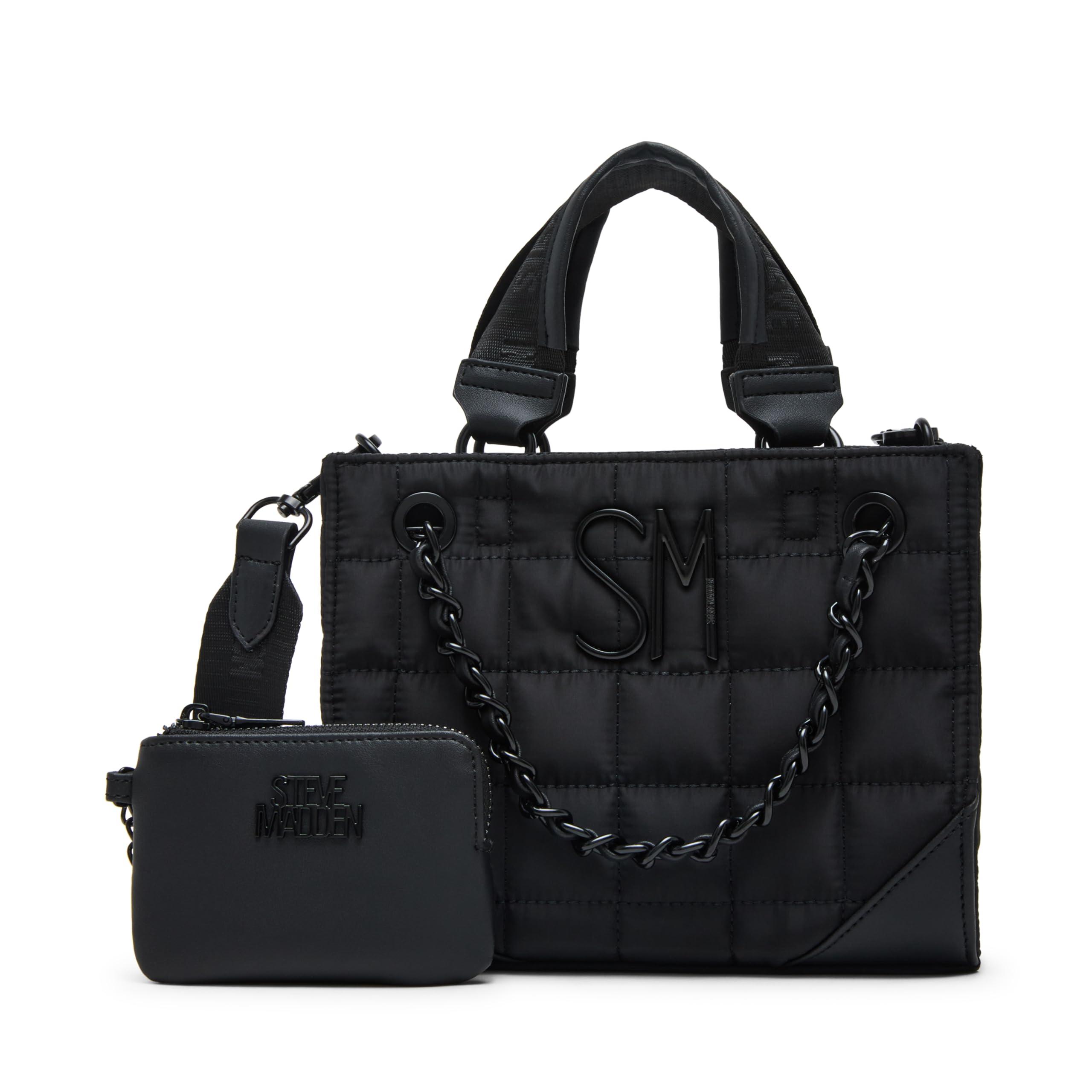 Steve Madden Women's Mickie Mini Topstitch Satchel - Blue Denim, Adjustable Crossbody & Top Handle, Multiple Pockets