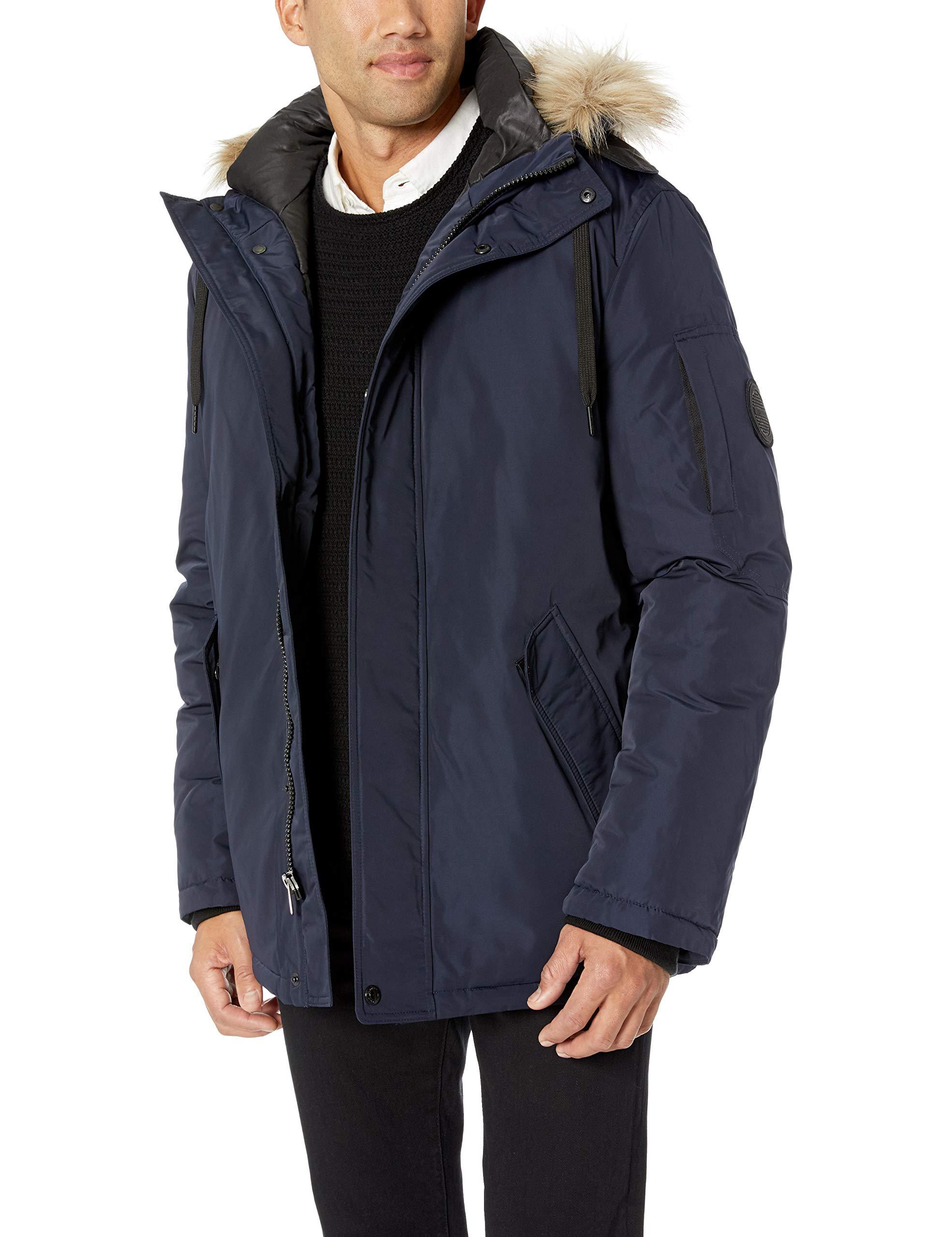 Calvin Klein Parka Jacket With Faux Fur Logo Hood in Blue for Men - Lyst
