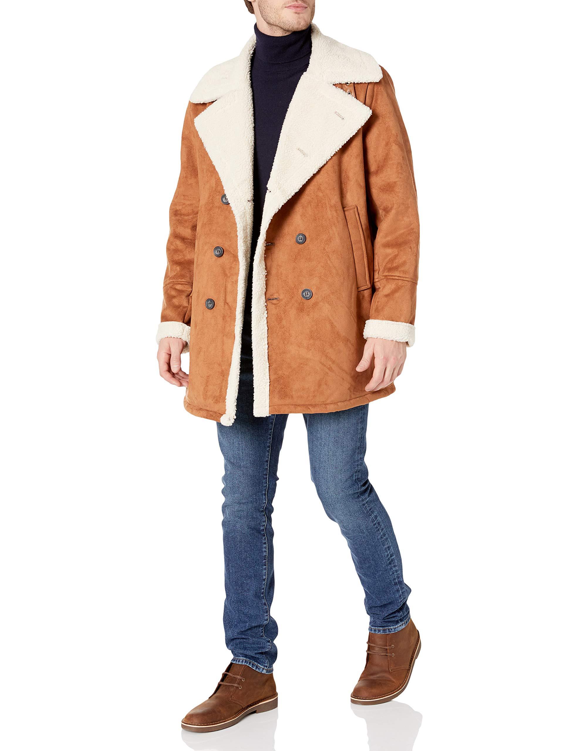 Sean John Double Breasted Faux Shearling Peacoat in Cognac (Brown) for ...