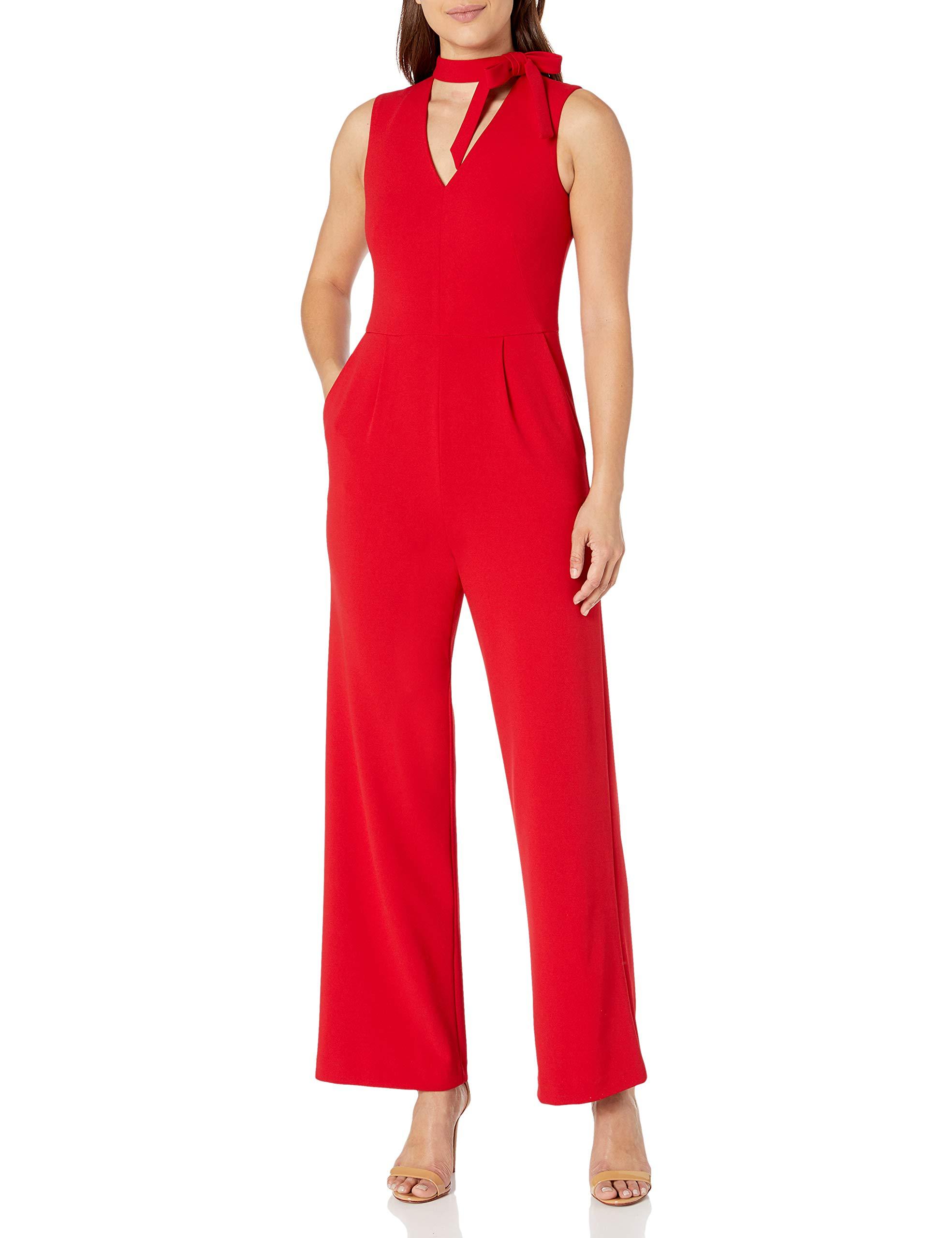 Calvin Klein Sleeveless Jumpsuit With Tie Neck in Red - Lyst