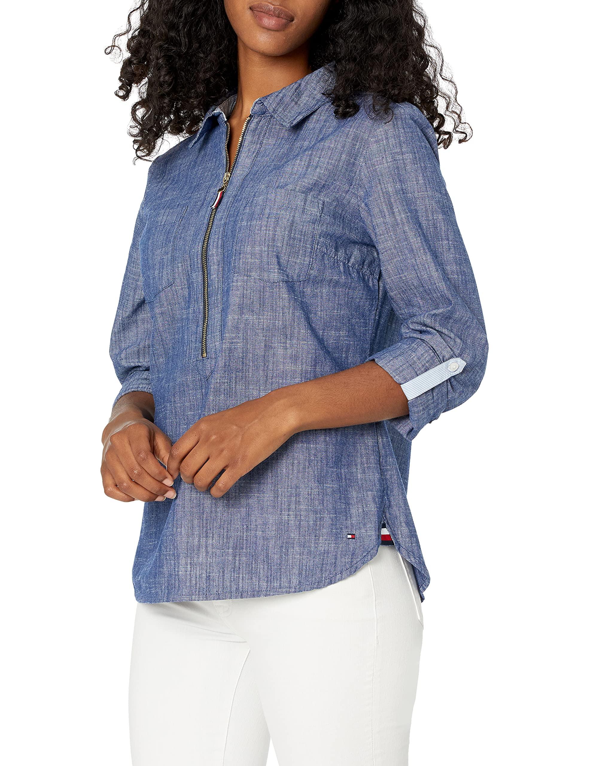 Tommy Hilfiger Cotton Long Sleeve Half Zip Roll Tab Popover Shirt in  Chambray Blue (Blue) | Lyst