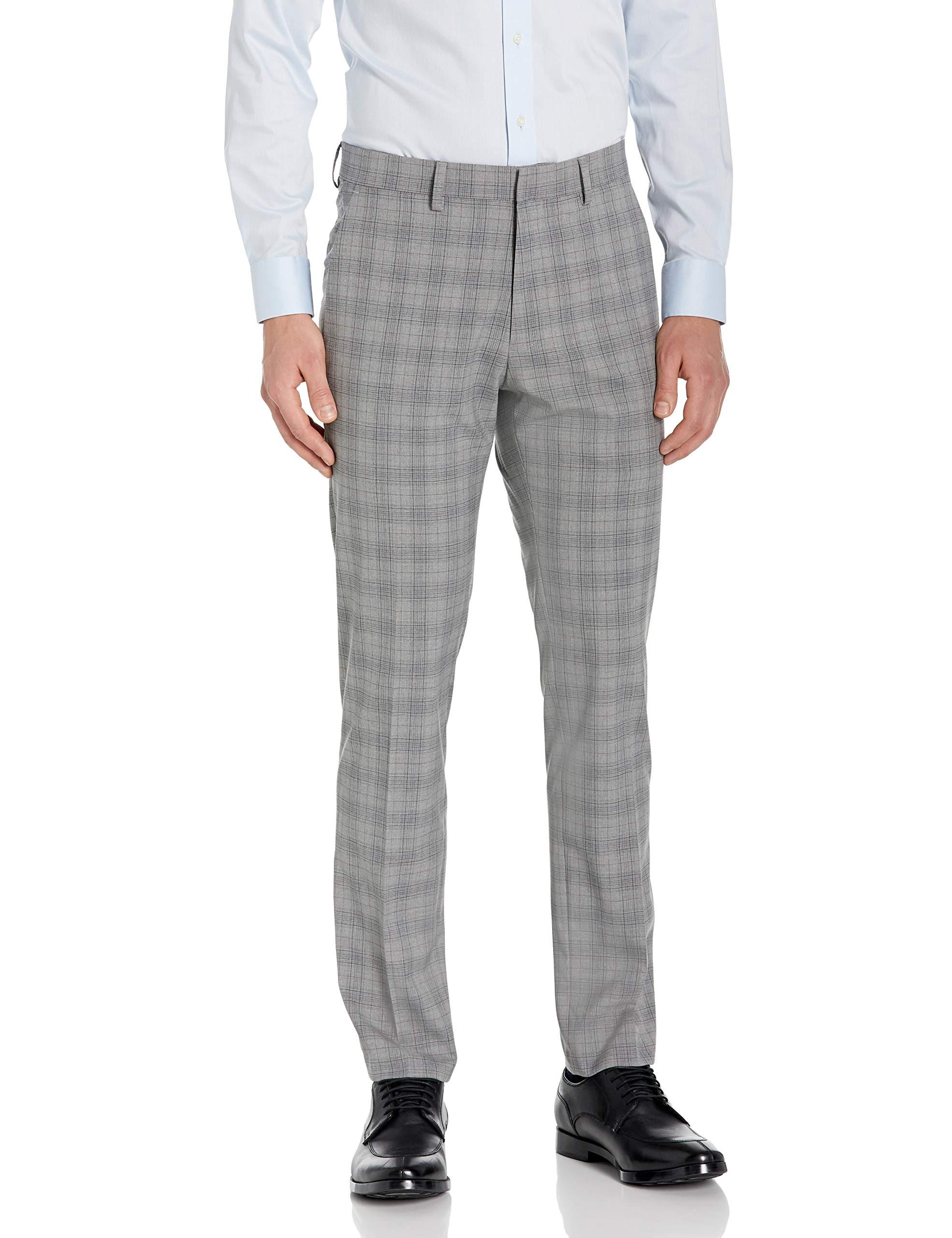 Kenneth Cole REACTION Mens Stretch Traditional Plaid Slim Fit Flat Front Flex Waistband Dress Pant