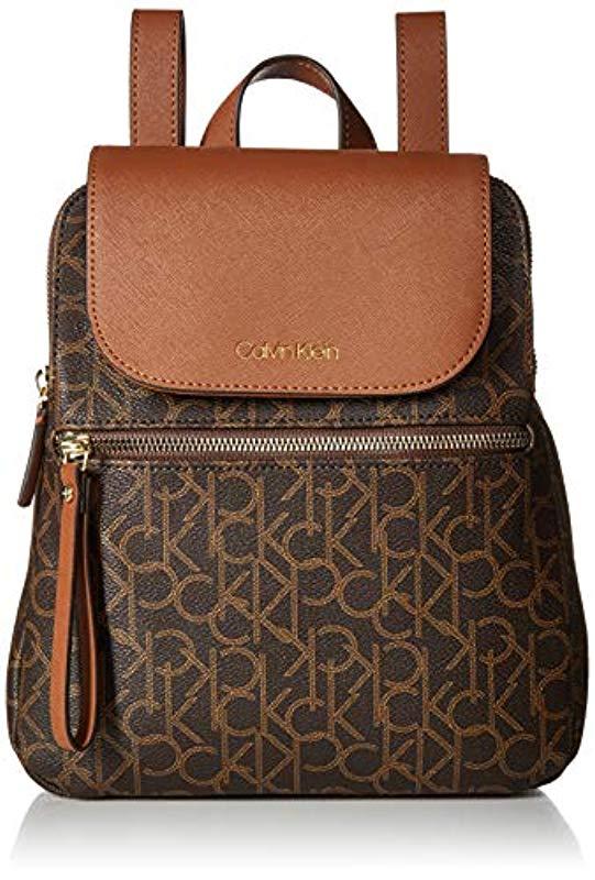 Calvin Klein Womens Elaine Signature Key Item Flap Backpack in Brown | Lyst