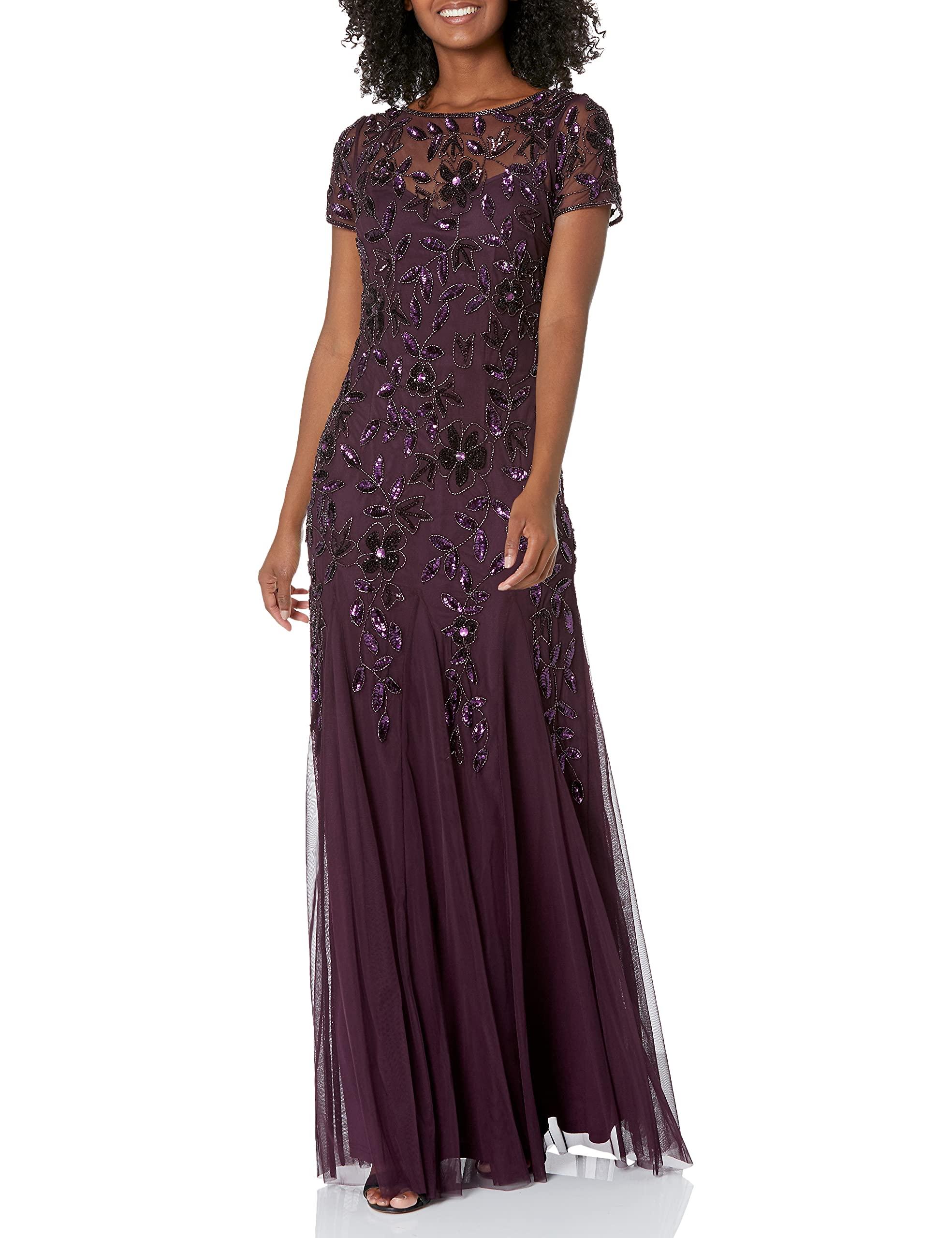 Adrianna Papell Floral Beaded Godet Gown Dress in Purple | Lyst