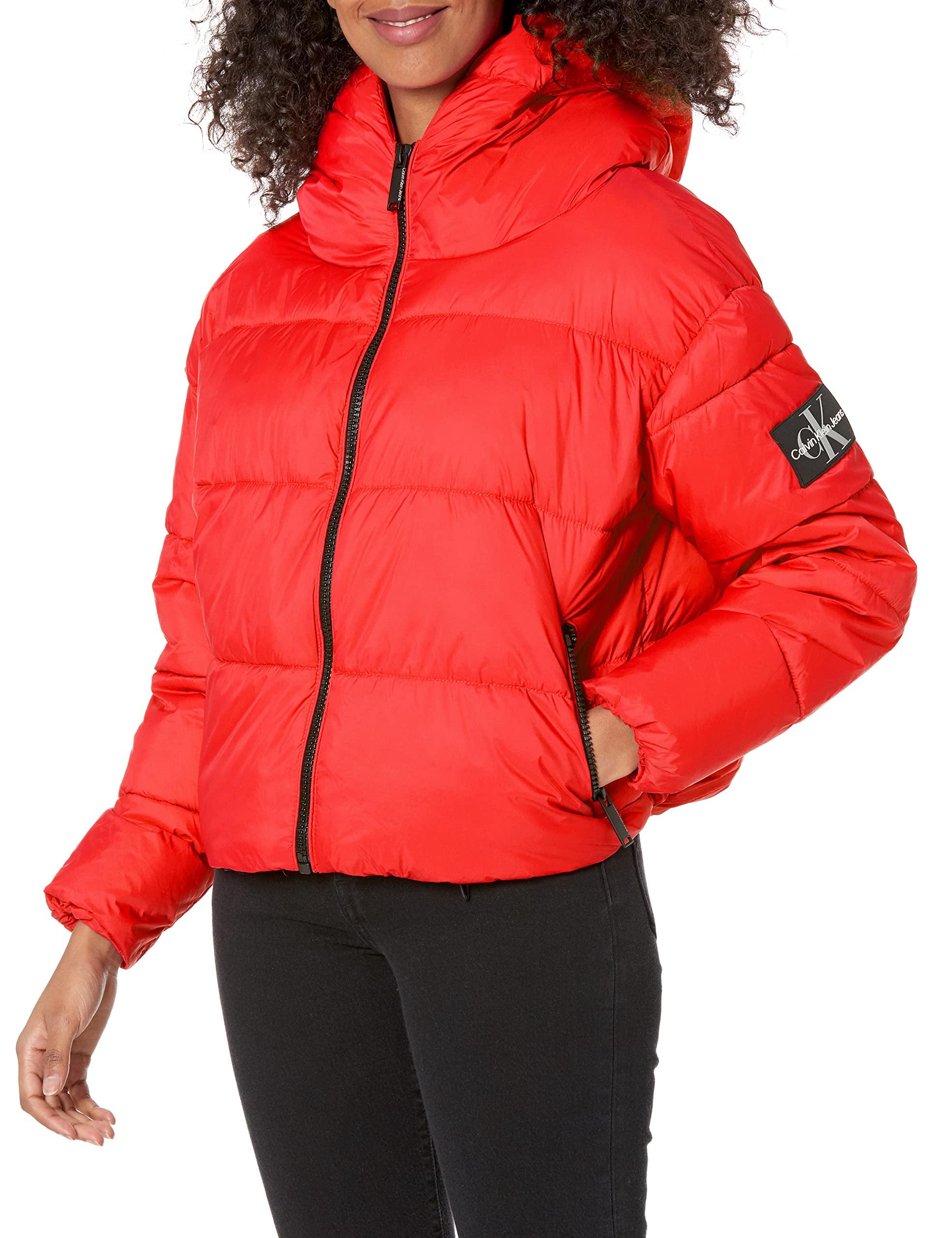 Calvin Klein Hooded Boxy Puffer Jacket in Red | Lyst