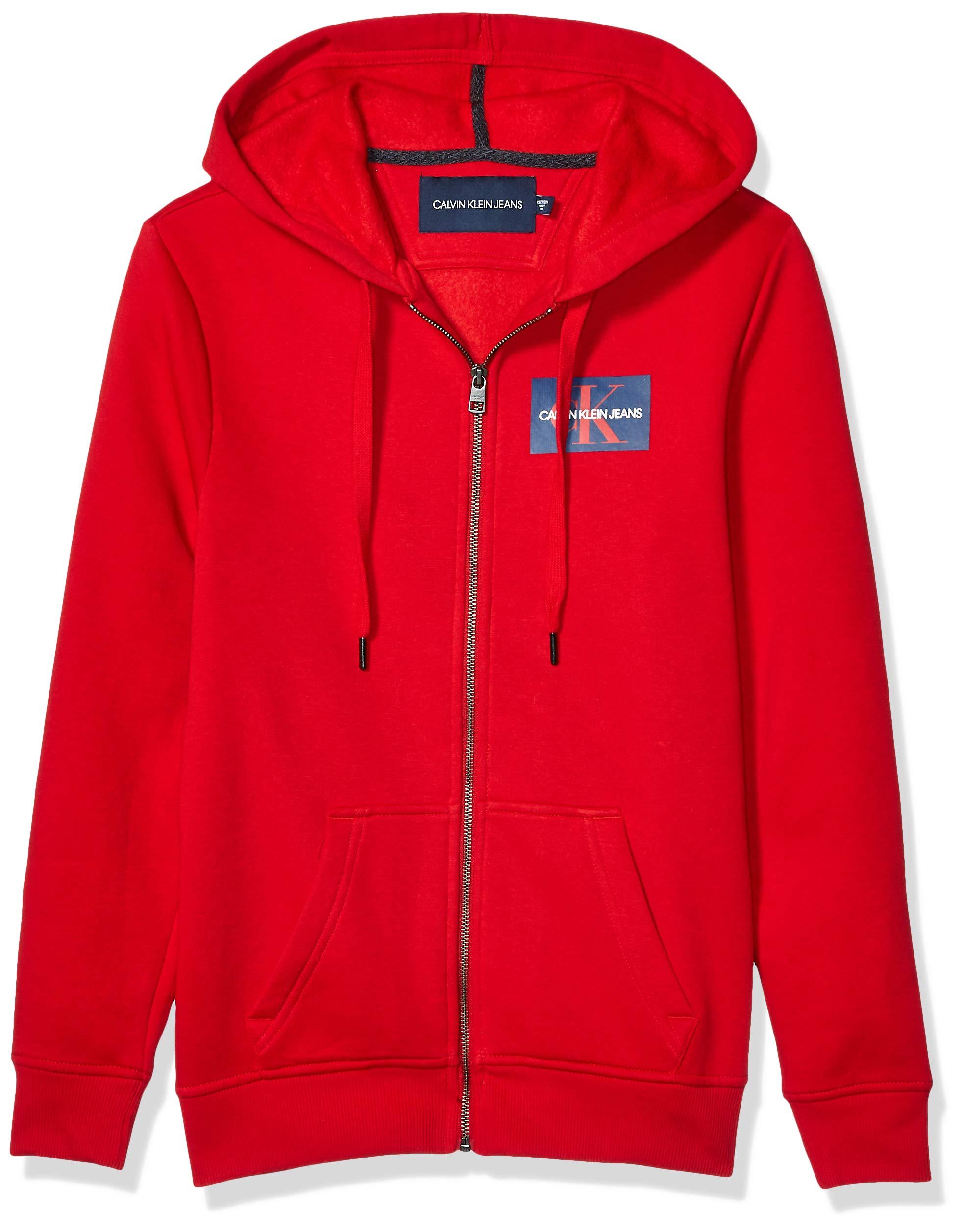 Calvin Klein Cotton Monogram Logo Full-zip Hooded Sweatshirt in Red for