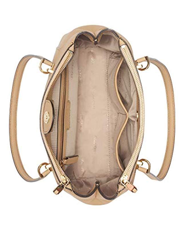 Calvin Klein Hayden Saffiano Leather Triple Compartment Shoulder Bag Satchel  in Natural - Lyst