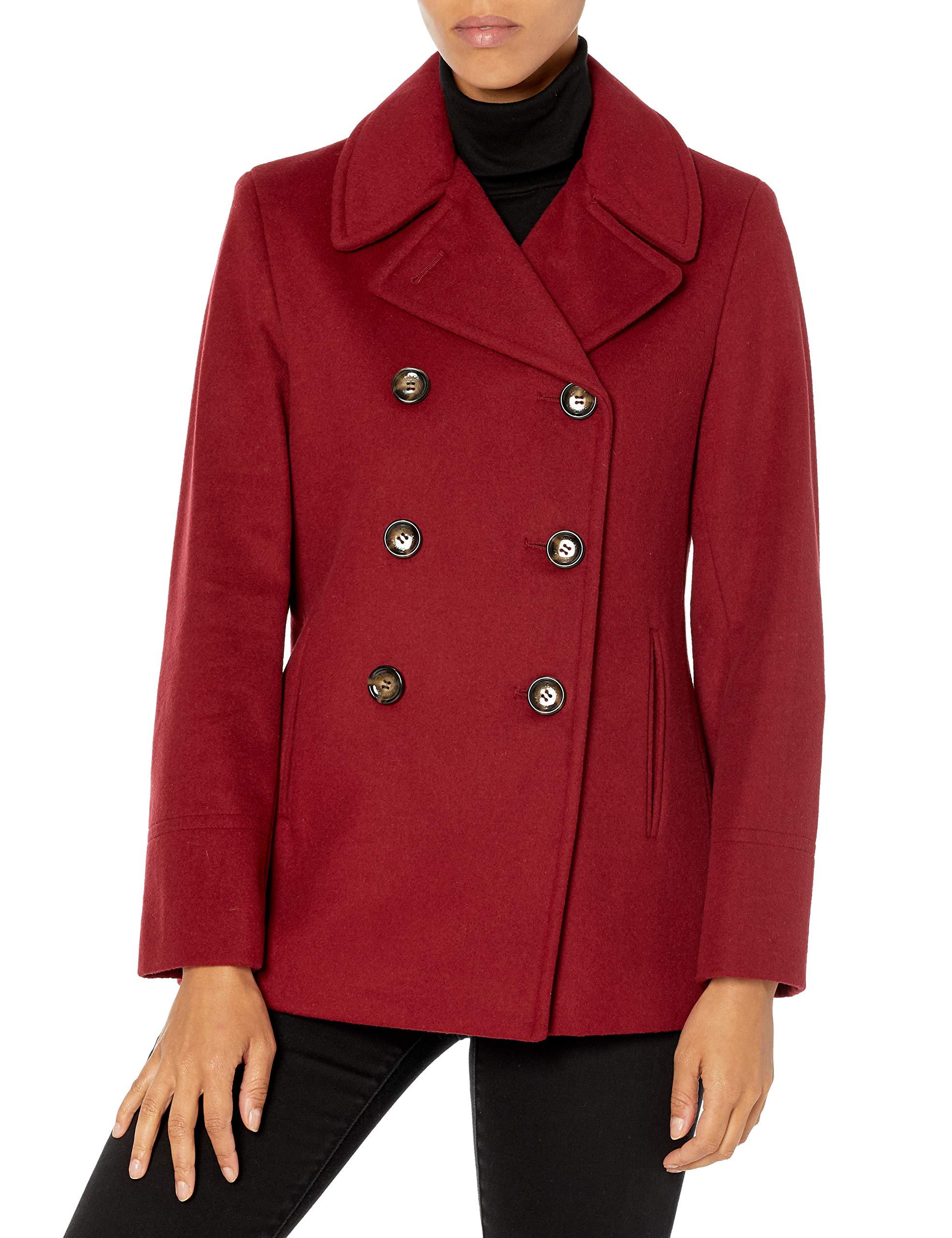 Calvin Klein Wool Petite Womens Double Breasted Peacoat in Red 