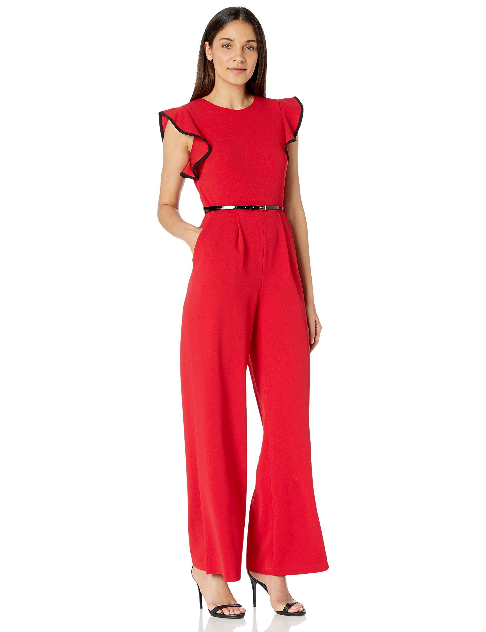 red belted jumpsuit