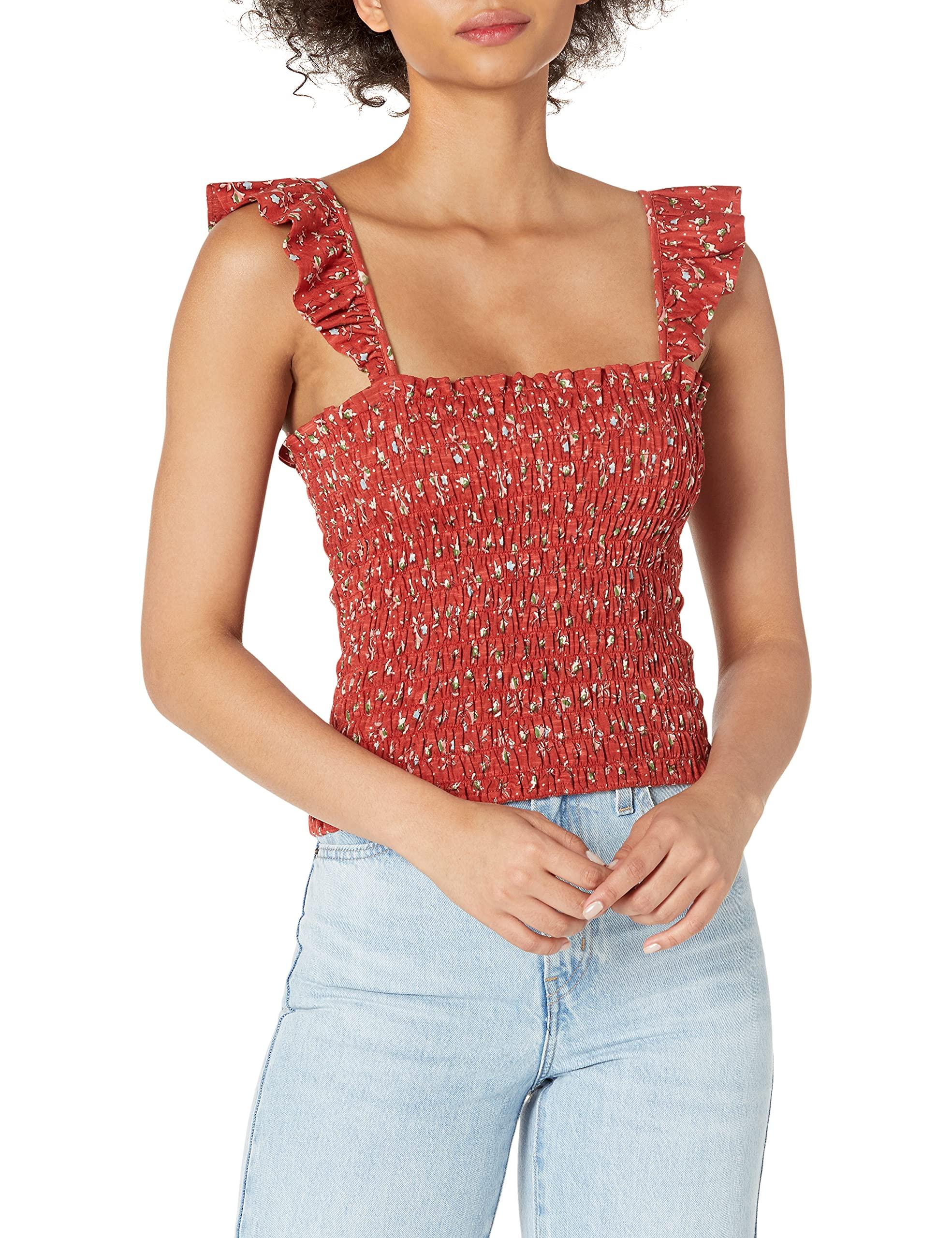 Womens Ruffle Sleeve Smocked Knit Tank 