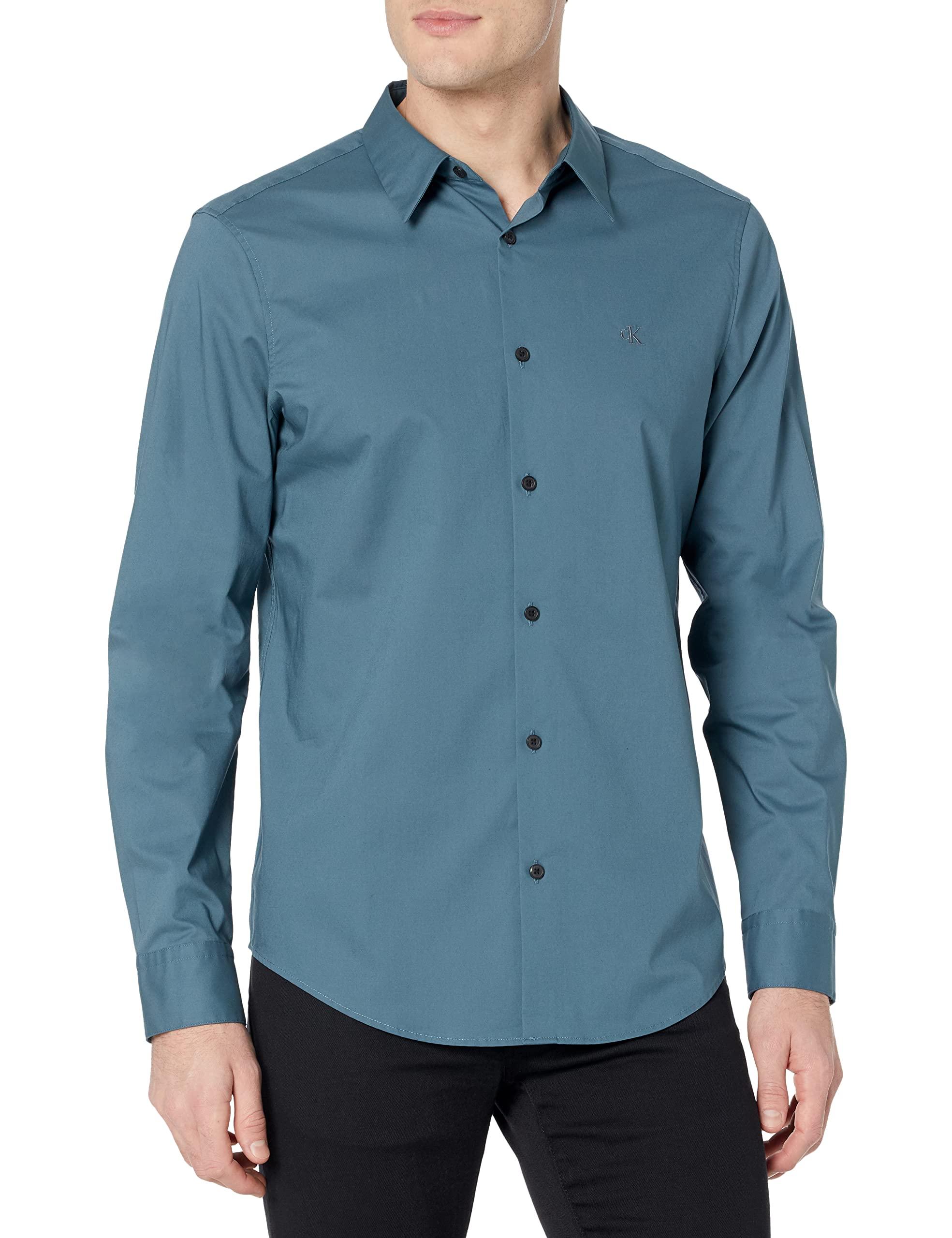 Calvin Klein Stretch Cotton Monogram Logo Button Down Shirt in Blue for Men
