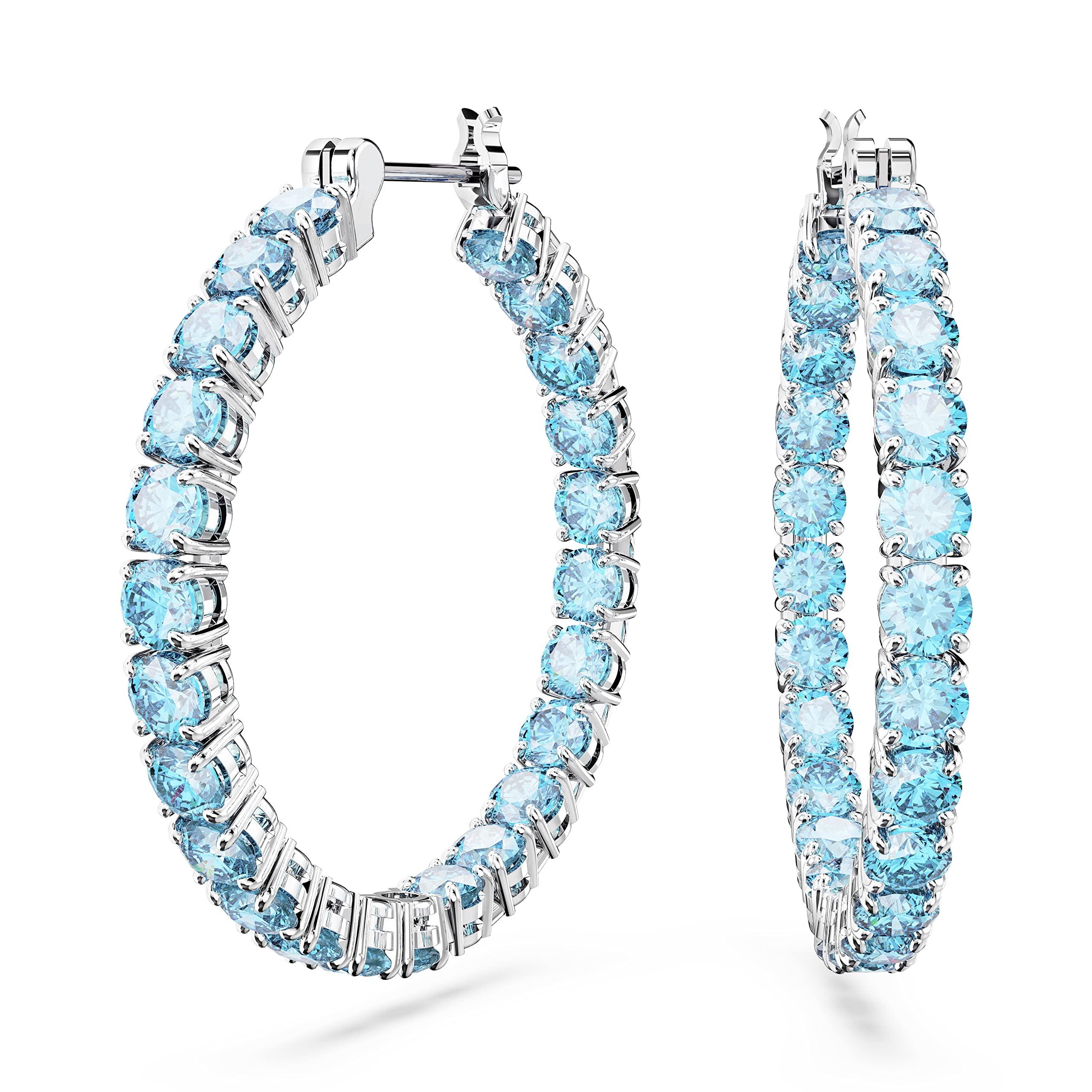 Swarovski Matrix Hoop Earrings With Round Cool Blue Crystals On Rhodium
