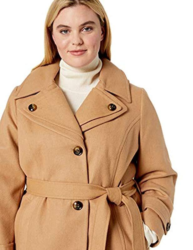 London Fog Womens Double Lapel Thigh Length Button Front Wool Coat with Belt