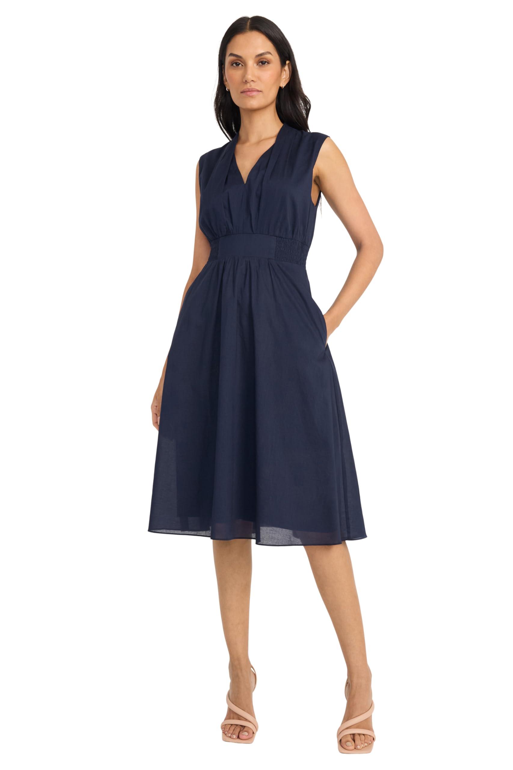 Maggy London Semi Sheer Overlay Empire Waist Midi-pleated V Neck