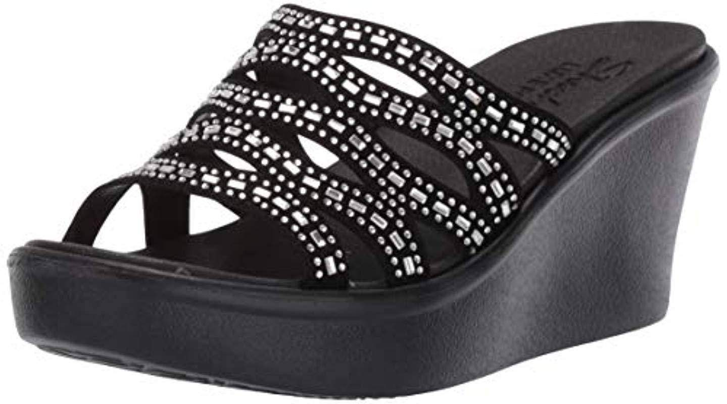 Skechers Rumble Upfunny Businesshigh Wedge Rhinestone Sandal in Black