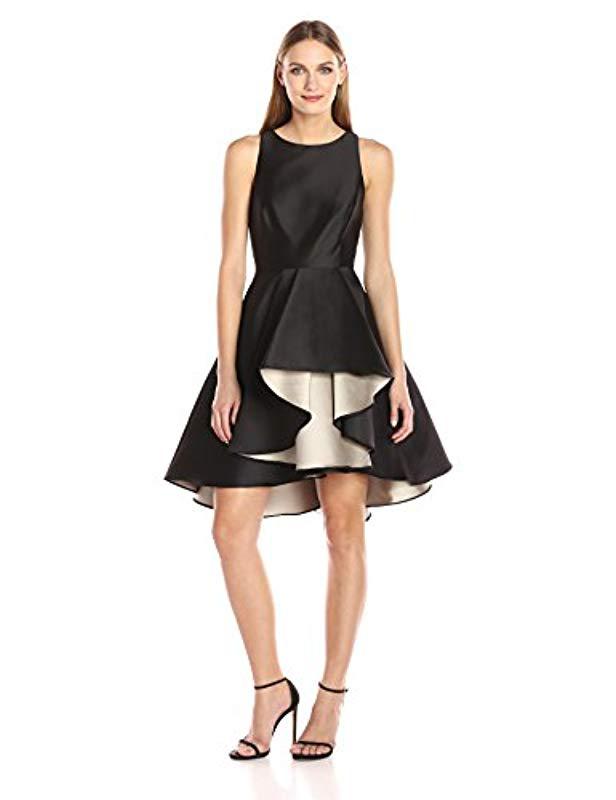 Halston Cap Sleeve Color Blocked Dress With Dramatic Skirt in