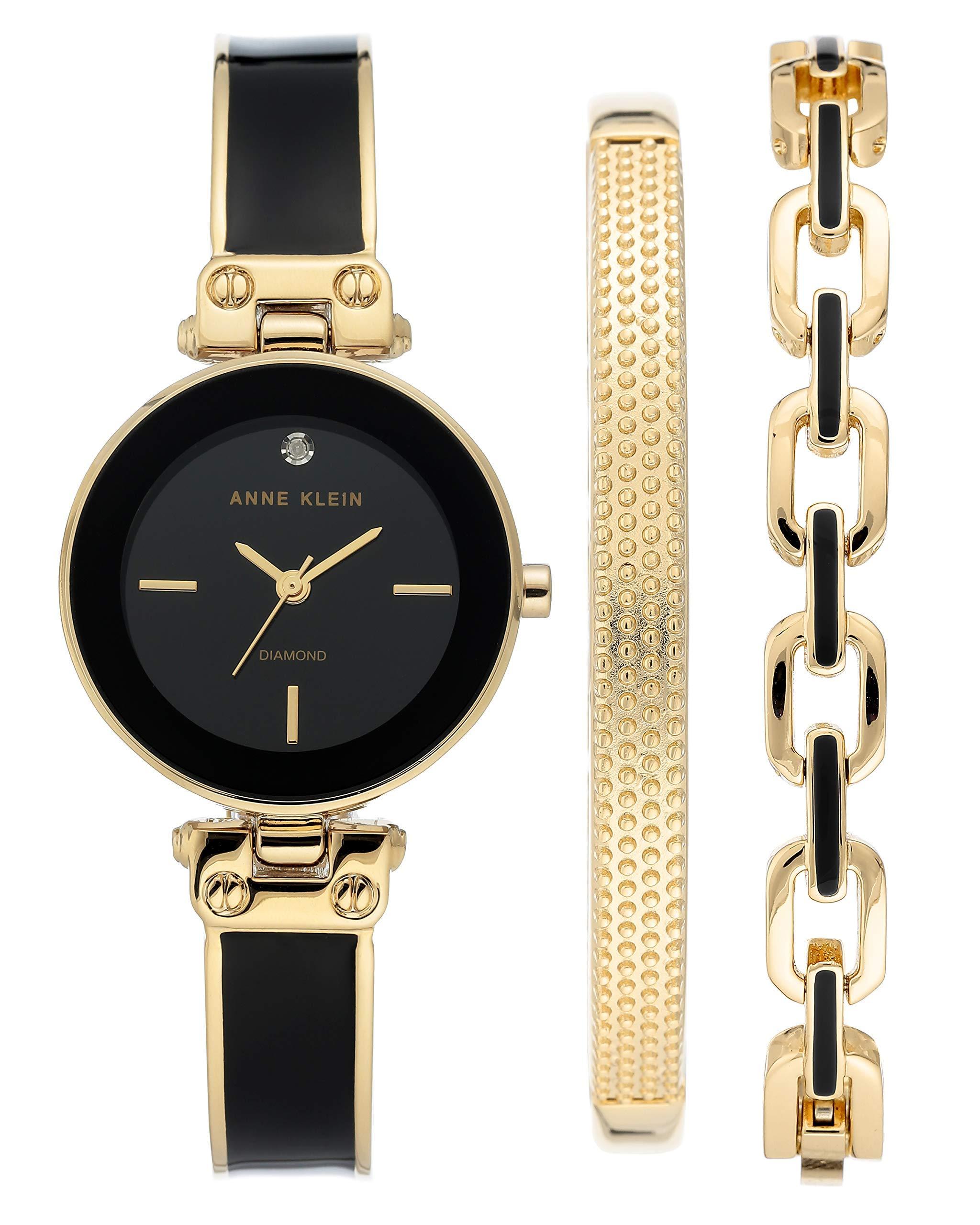 Anne Klein Genuine Diamond Dial Gold-tone And Black Watch With Bracelet Set  in Metallic | Lyst
