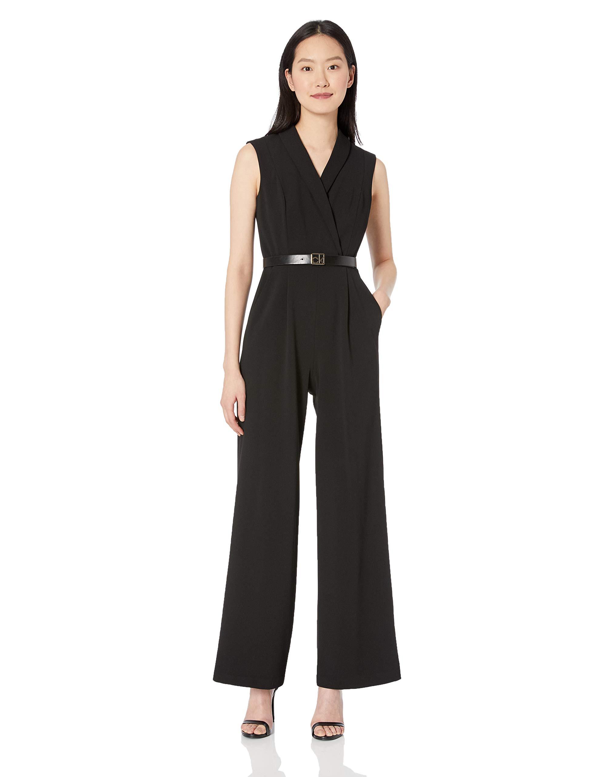 Calvin Klein Sleeveless Belted Jumpsuit With V Neck Collar in Black | Lyst