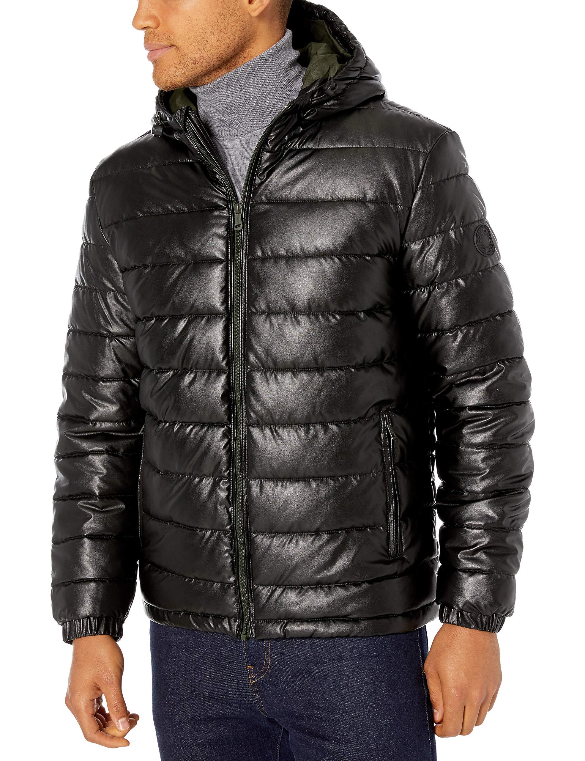 Cole Haan Hooded Faux Leather Down Jacket in Black/Olive Camo (Black ...