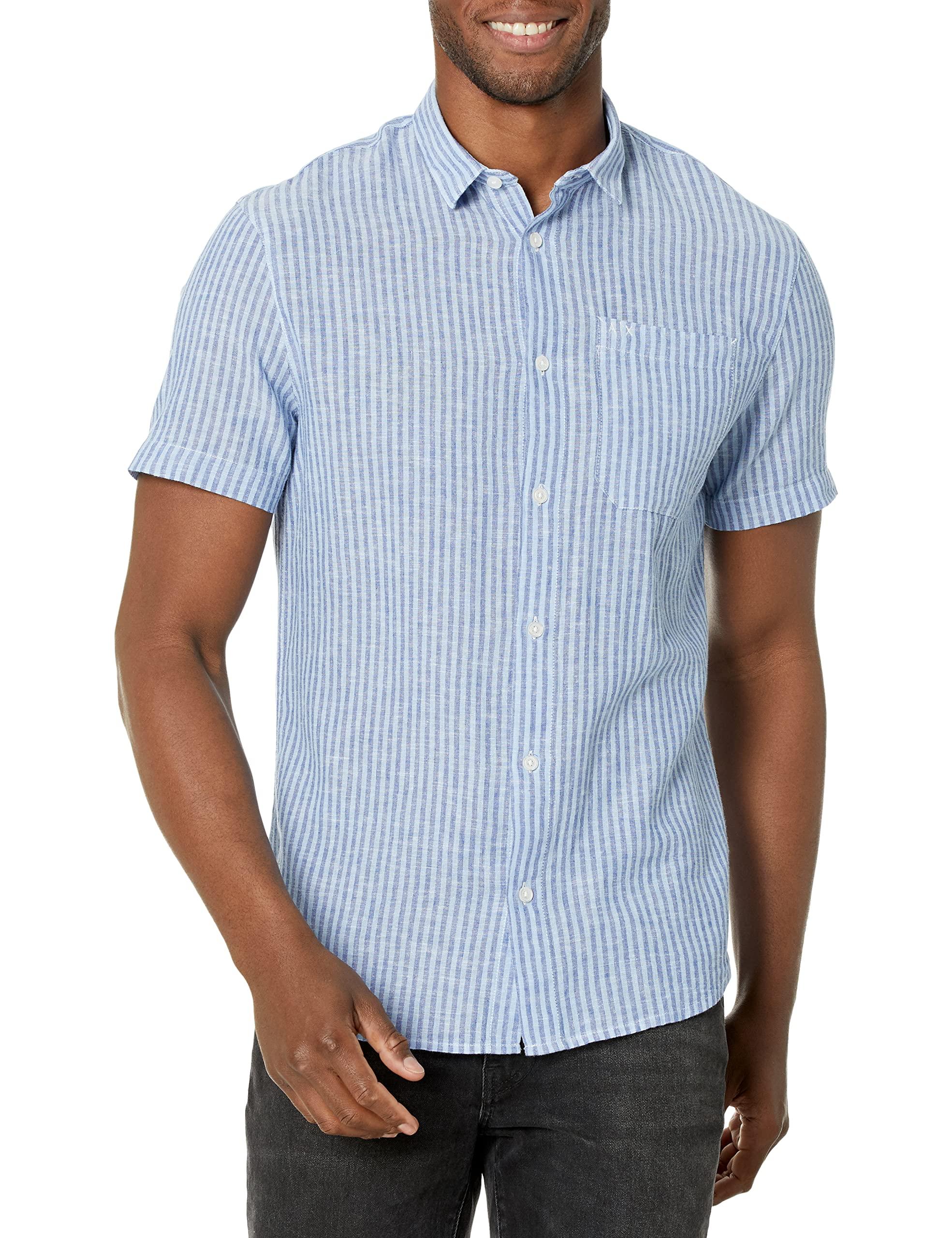 Armani Exchange | Mens Short Sleeve Striped Linen Up Button Down Shirt in  Blue for Men | Lyst