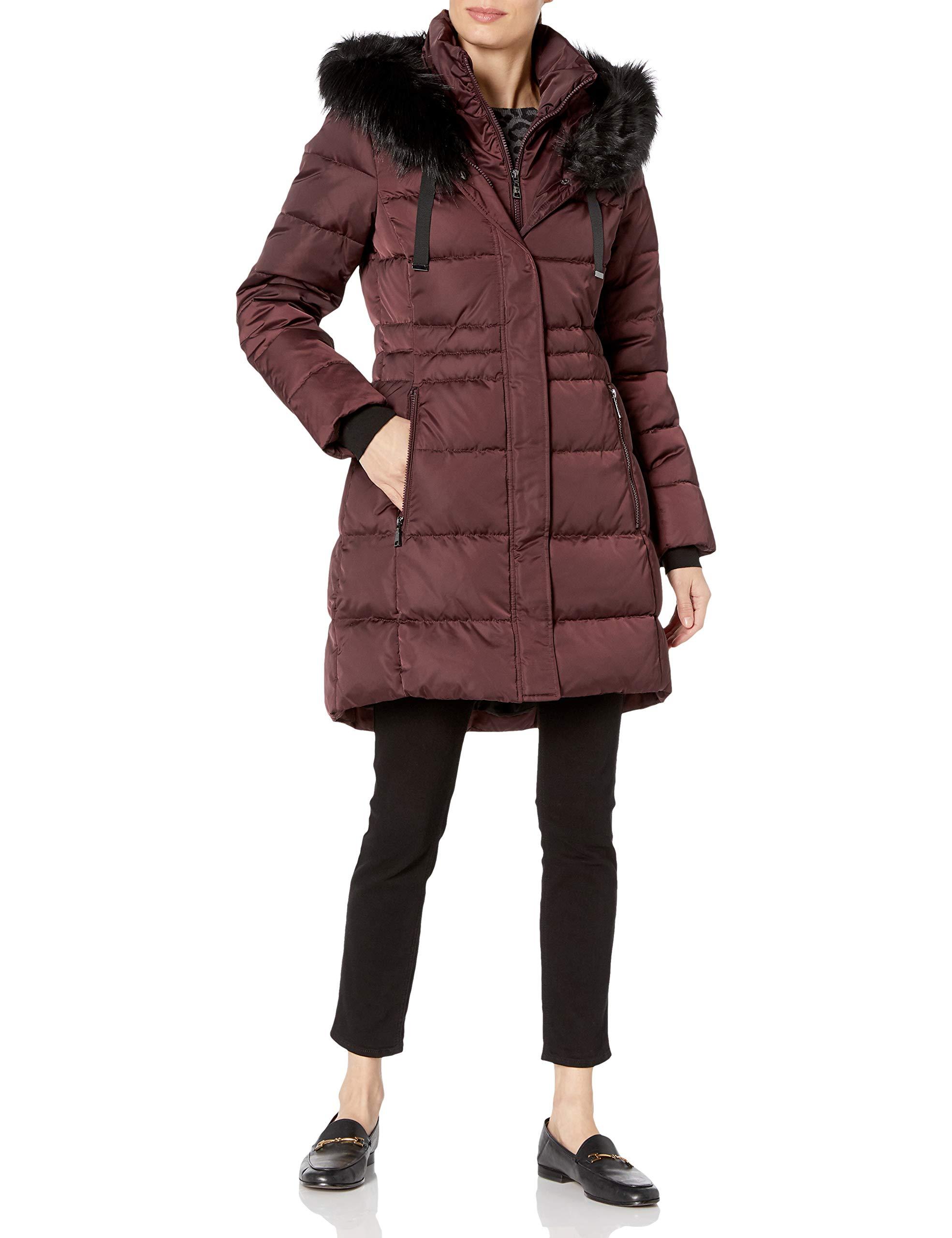 tahari faux fur trim hooded bib zip puffer jacket