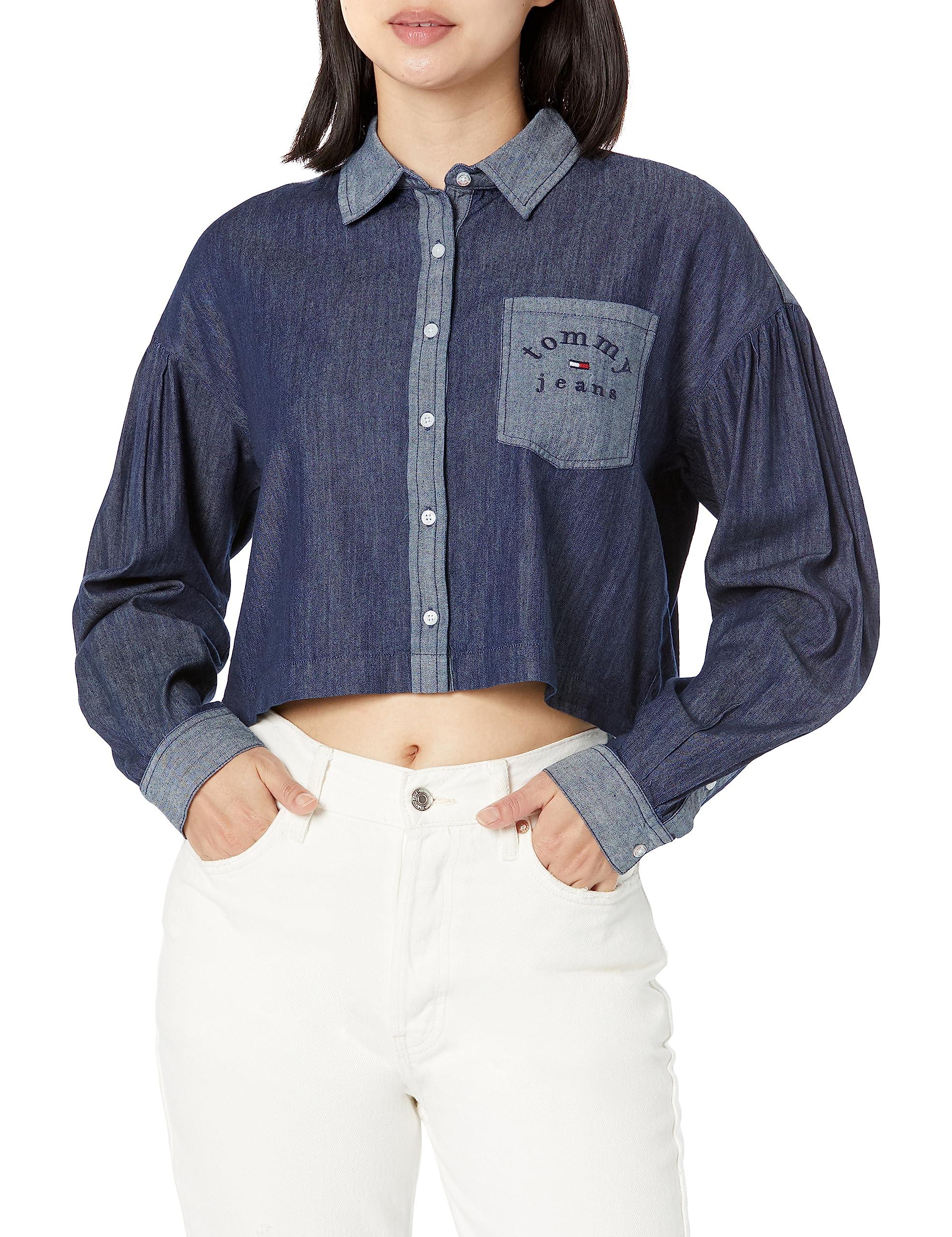 Tommy Hilfiger Cropped Chambray Long Sleeve Button Up in Blue | Lyst