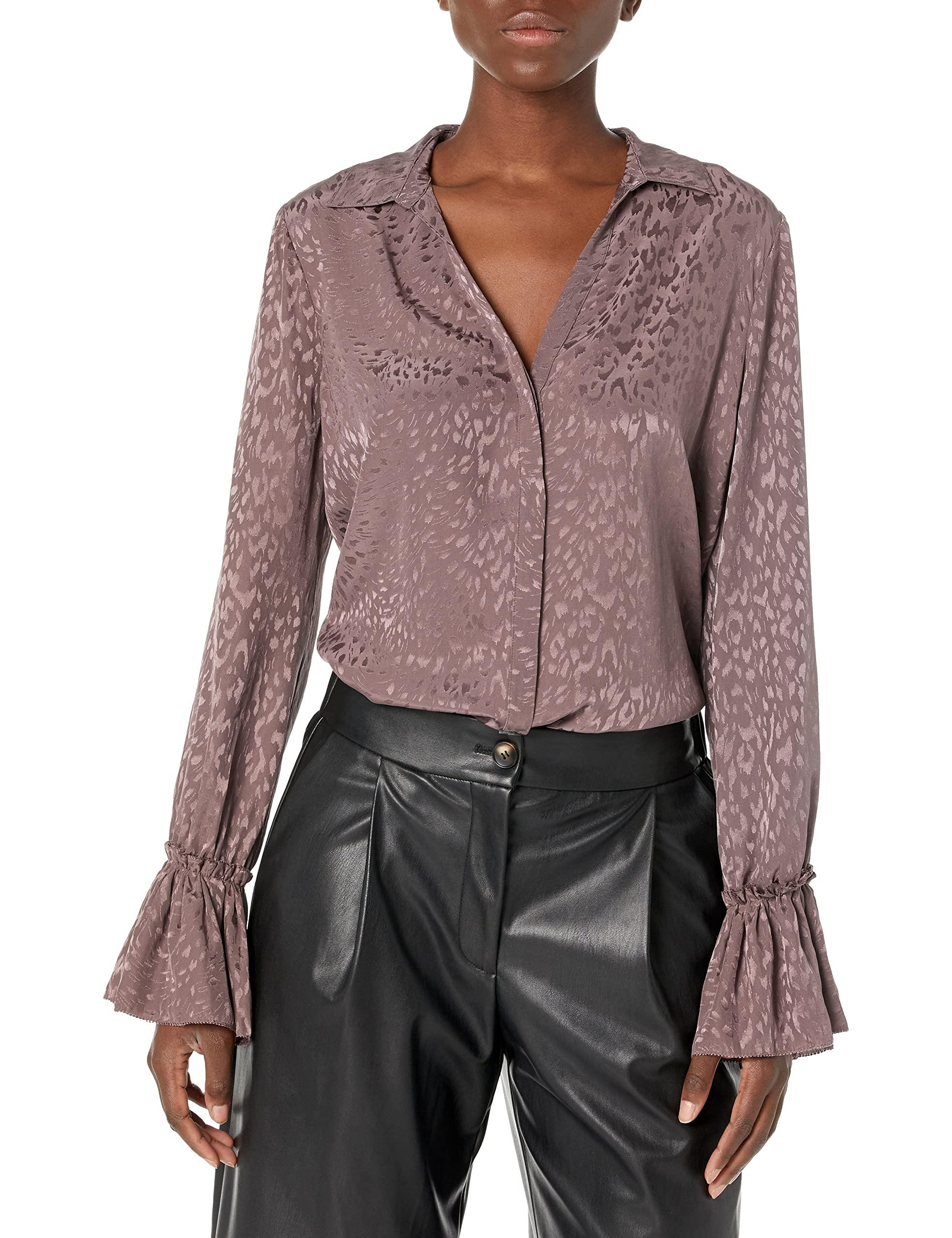 PAIGE Womens Abriana Shirt Button Down Pleated Sleeve Luxe Matte Satin In Truffle Blouse in ...