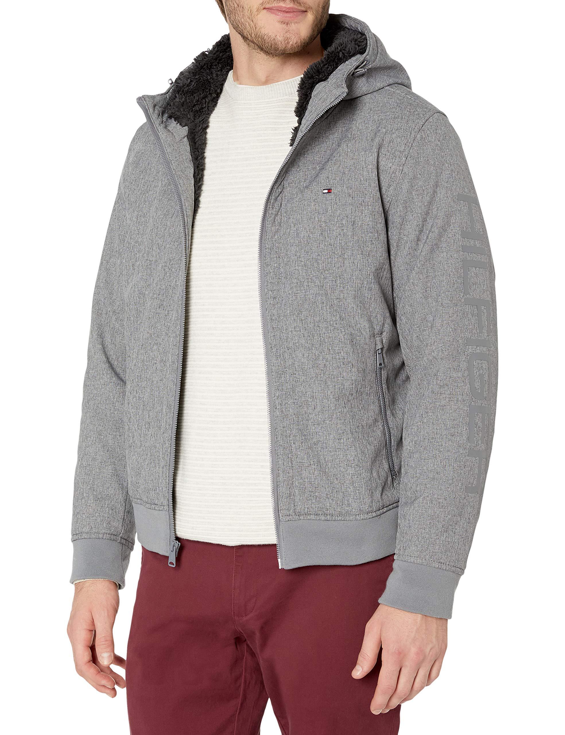 Tommy Hilfiger Soft Shell Sherpa Lined Logo Hoody Bomber Jacket in Grey