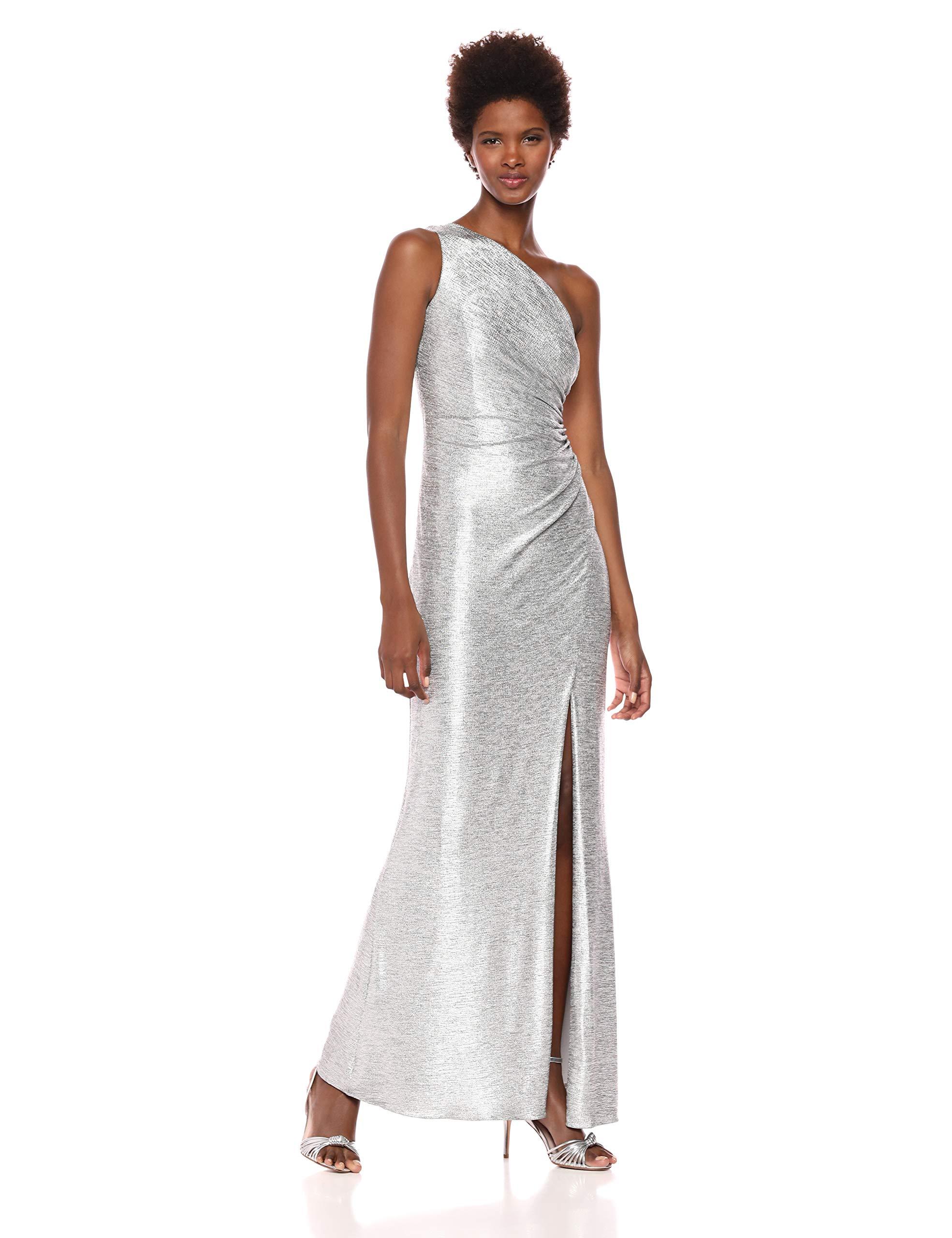 Adrianna Papell Womens Metallic Stretch Lace One Shoulder Long Dress