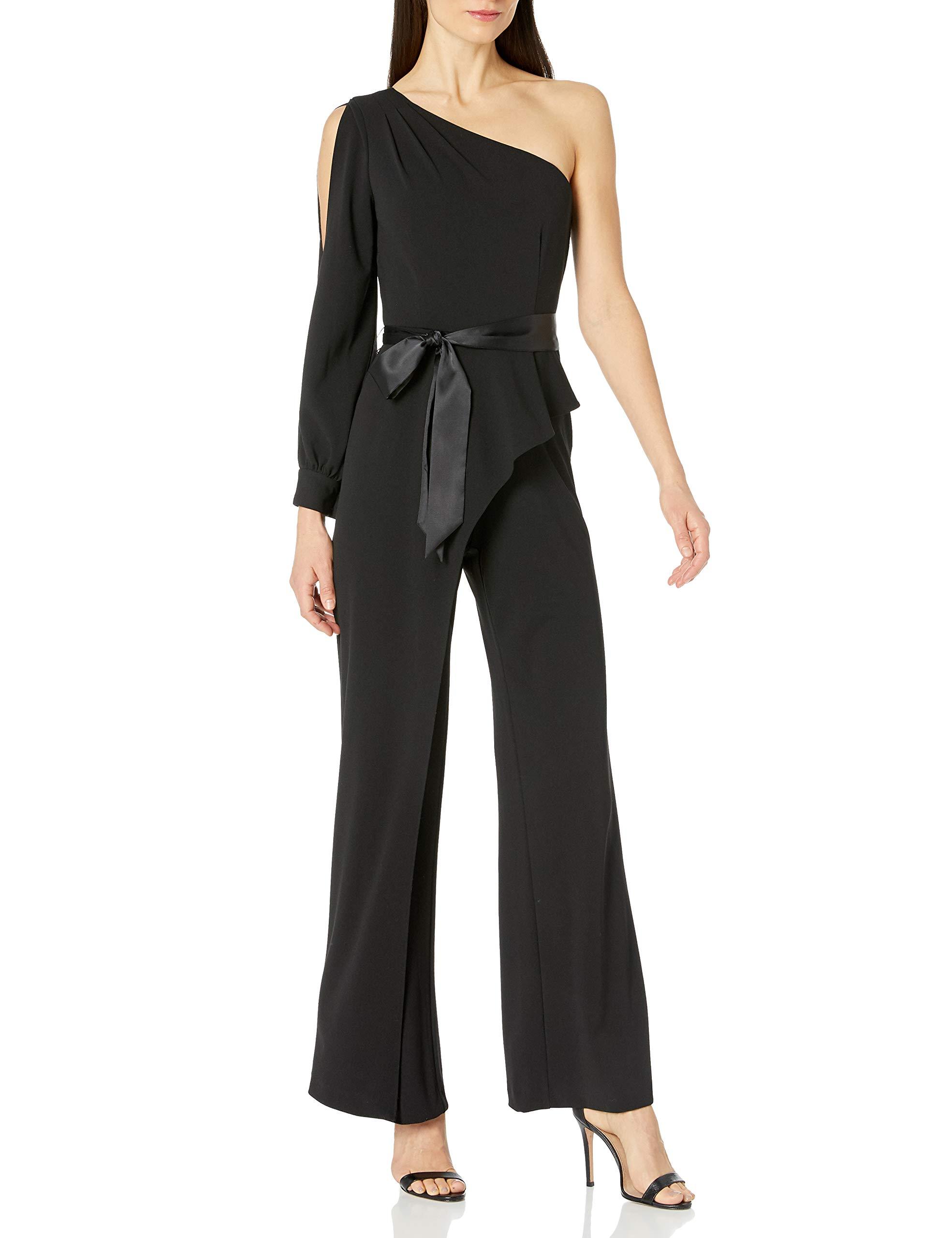 Adrianna Papell Satin One-shoulder Crepe Jumpsuit in Black - Save 65% ...