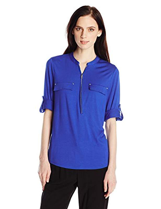 Front Blue Zip in Calvin Klein Essential Blouse Lyst Roll Modern | Sleeve
