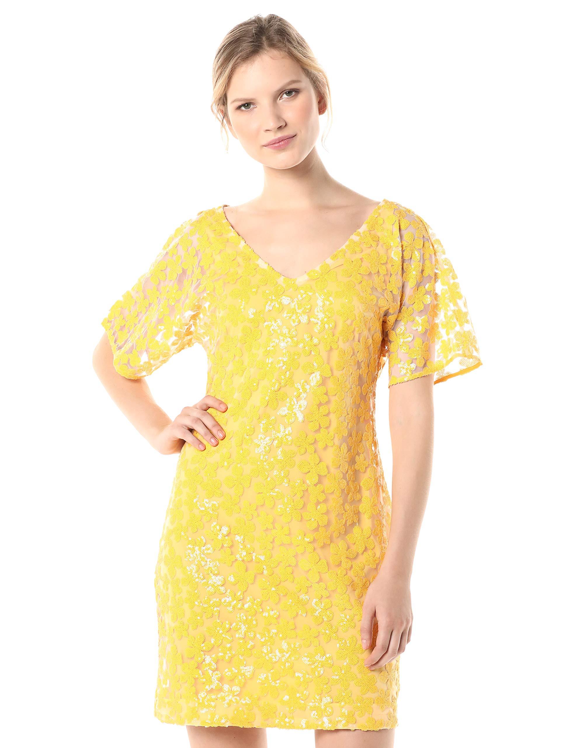 Trina Turk Volcano V Neck Short Sleeve Sequin Dress in Yellow Lyst