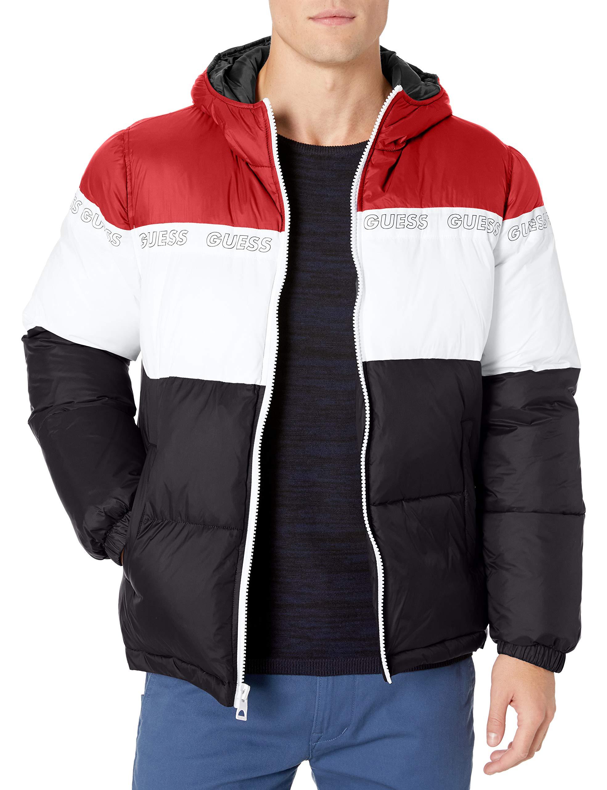 guess red puffer jacket