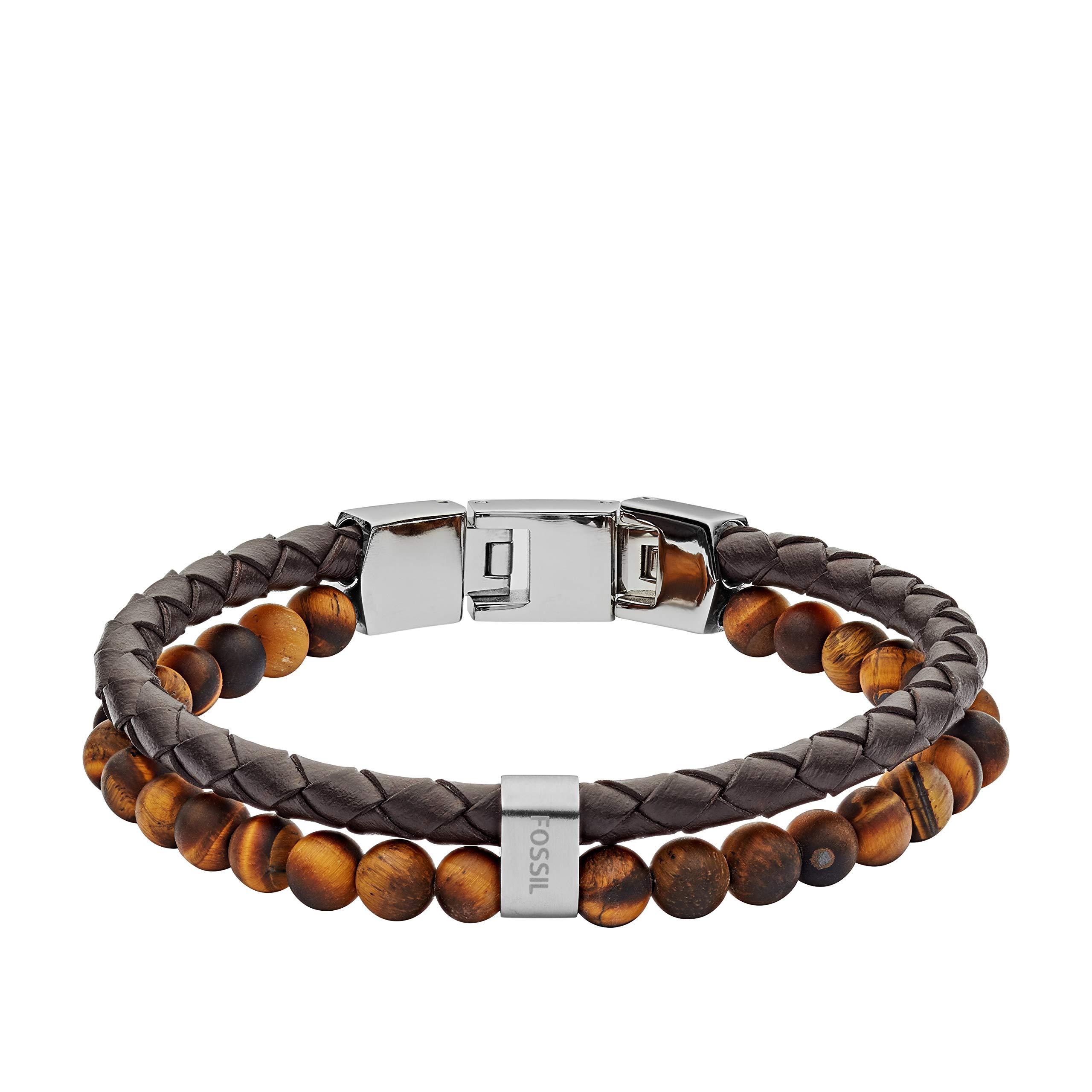 Fossil Casual Genuine Leather And Beaded Bracelet in Brown for Men