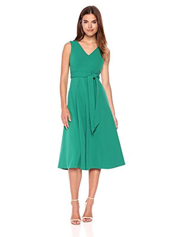 Calvin Klein Sleeveless V Neck Midi Dress With Self Sash Waist in Green ...
