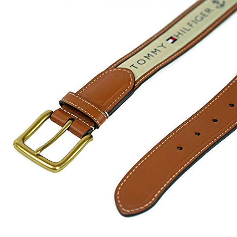 New Fashion Men/'s Ribbon Inlay Brown Leather Navy Cotton Tommy Hilfiger Belt