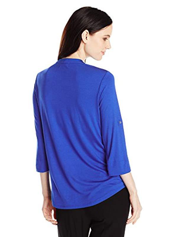 Calvin Klein Modern Essential Zip Front Roll Sleeve Blouse in Blue | Lyst