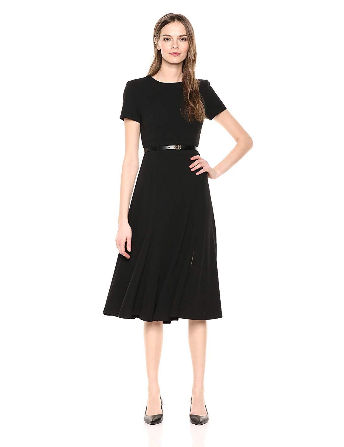 Calvin Klein Short Sleeve Belted Midi Dress in Black | Lyst