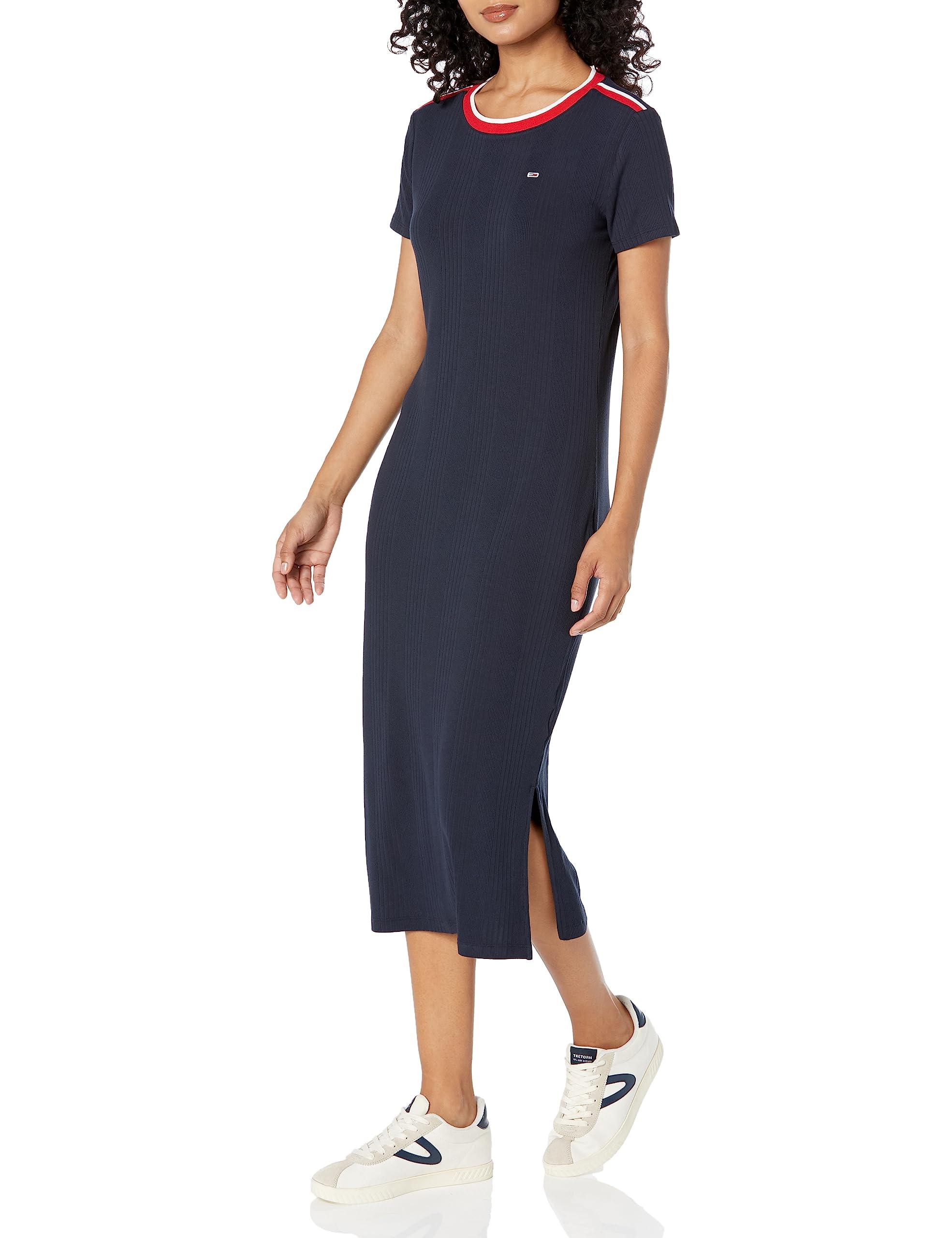 Midi Short-sleeved Dresses With Chic Stripe Detailing Down Side in Blue |