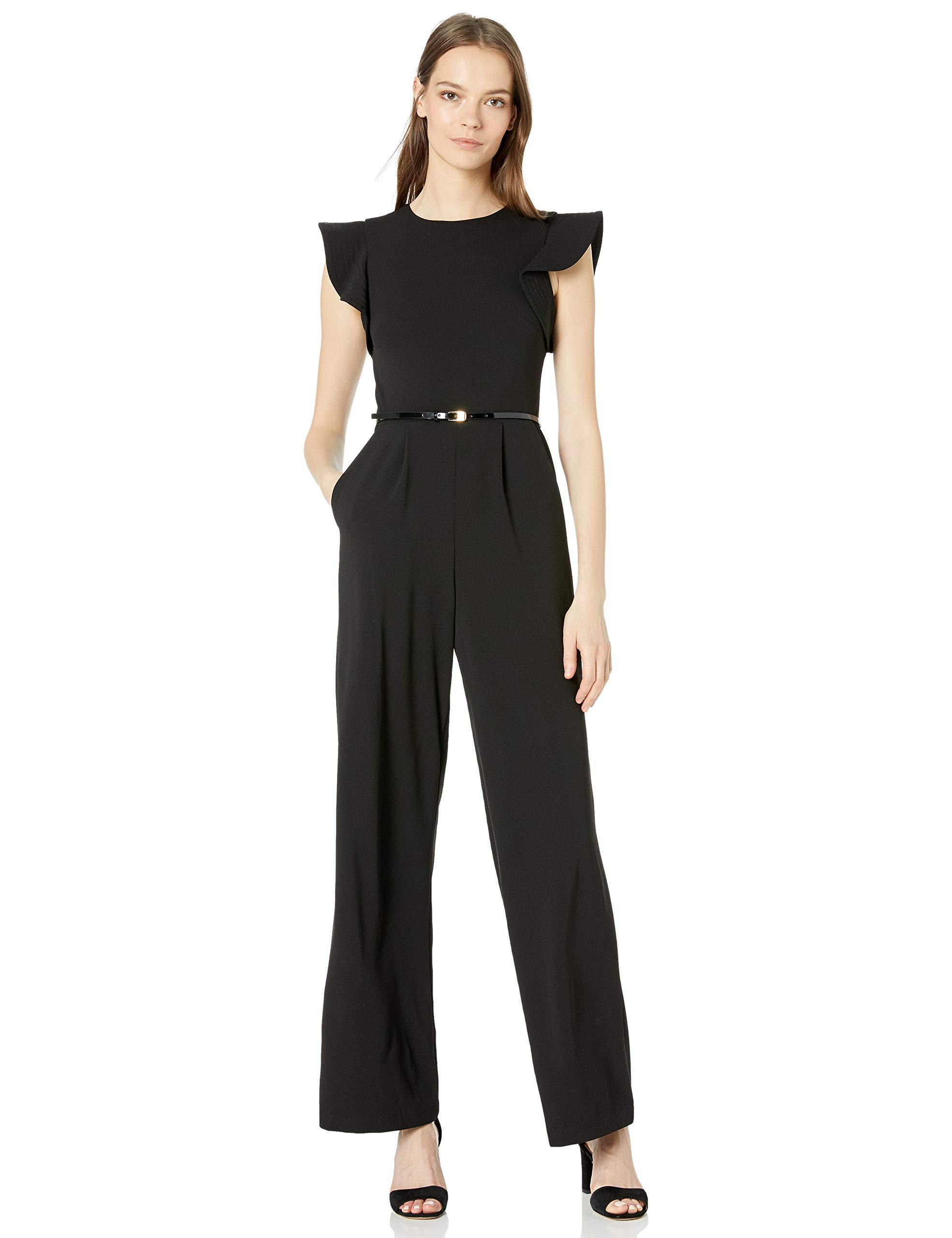 Calvin Klein Sleeveless Belted Jumpsuit With Ruffle Armhole in Black - Lyst