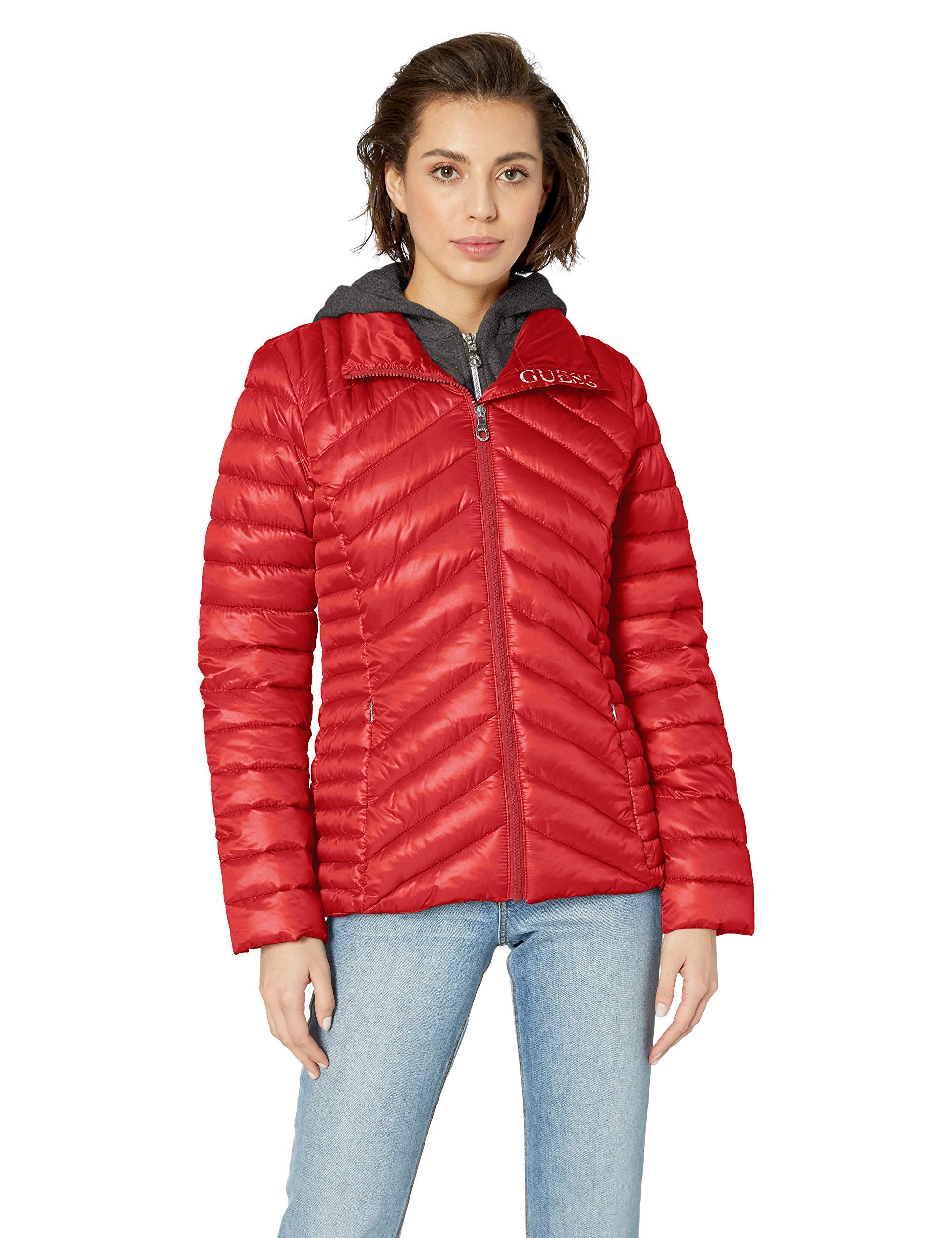 guess red puffer jacket