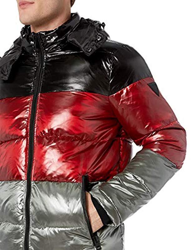 Guess Shiny Color Block Puffer With Hood in Red for Men | Lyst