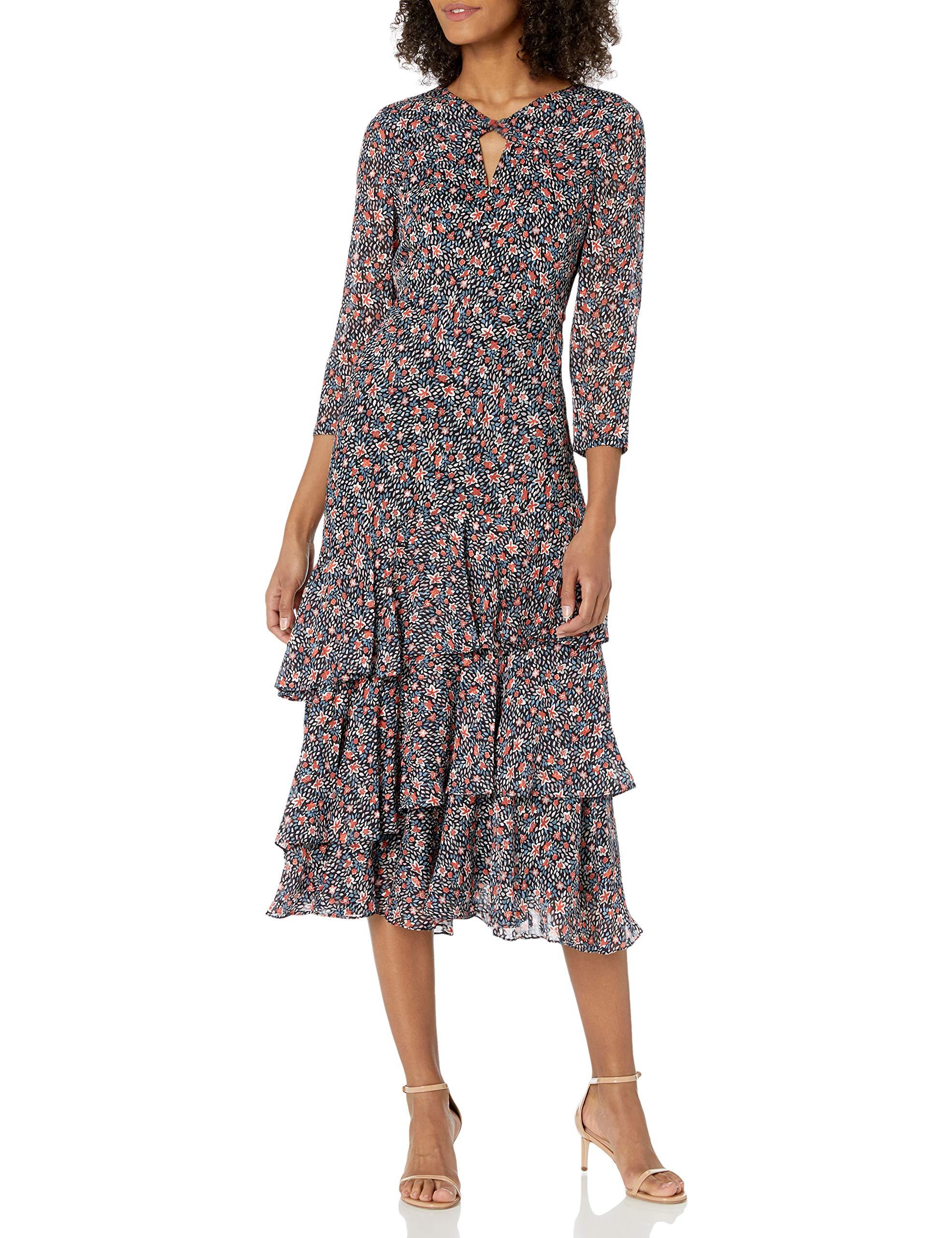 Rebecca Taylor Silk Long Sleeve Floral Print Midi Dress With Ruffle ...