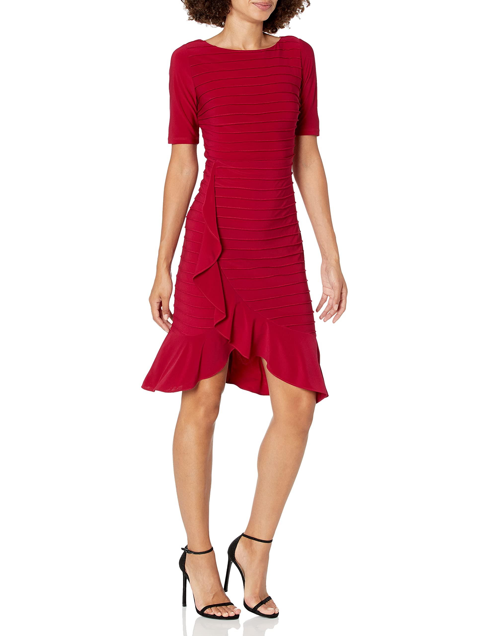 Adrianna Papell Pintucked Ruffle Dress in Red | Lyst