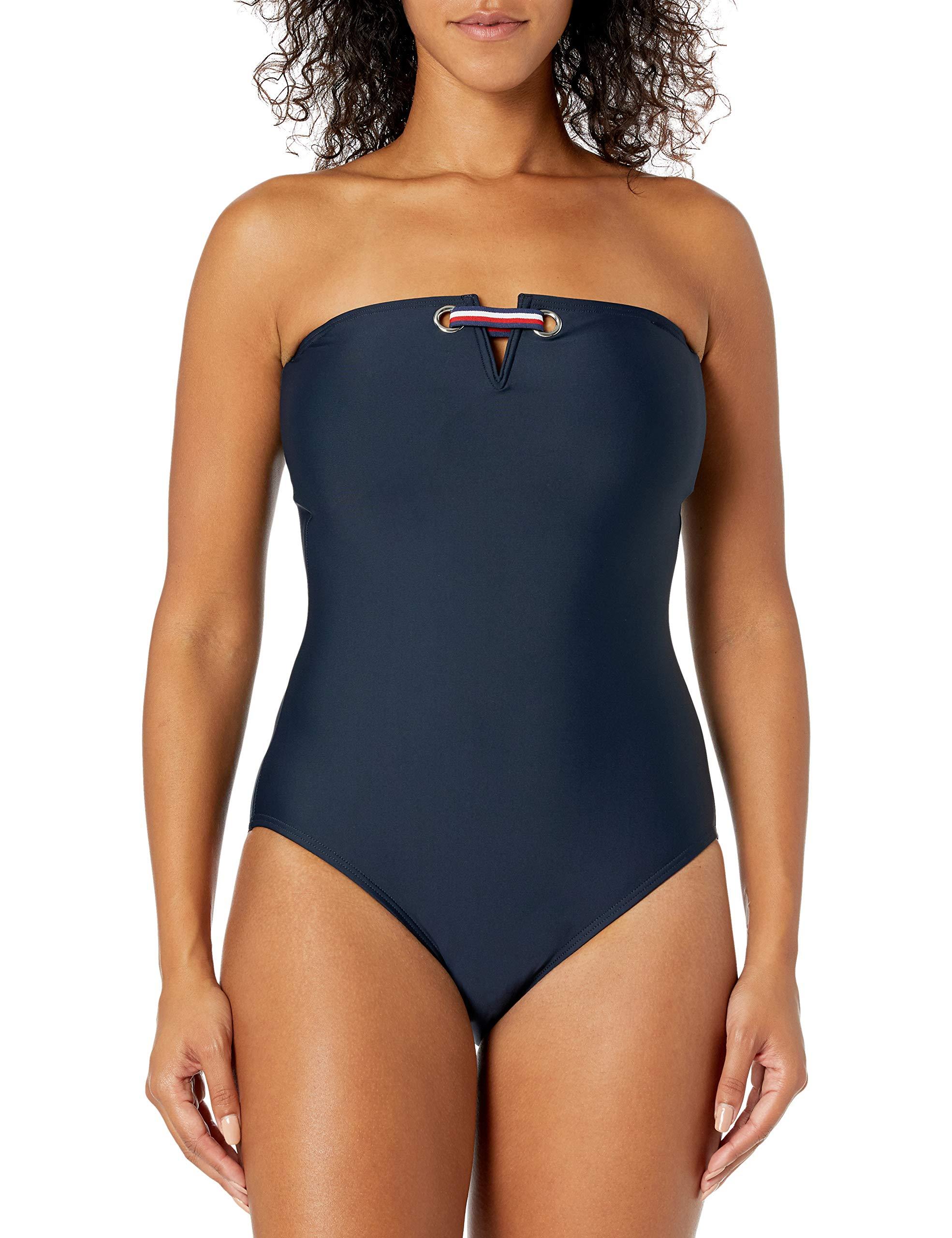 Tommy Hilfiger Solid Tommy Tape Bandeau One Piece Swimsuit in Navy (Blue) -  Save 60% - Lyst