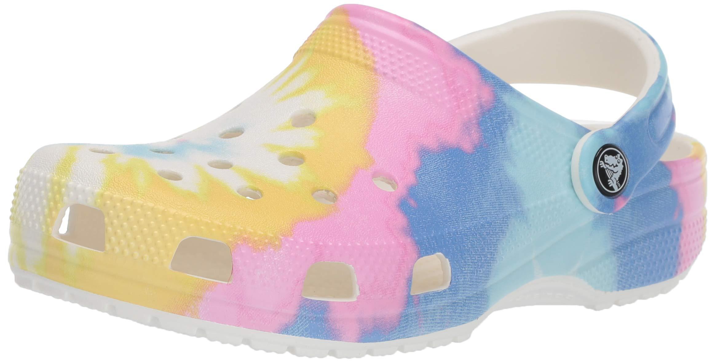 tie dye crocs with pink fur