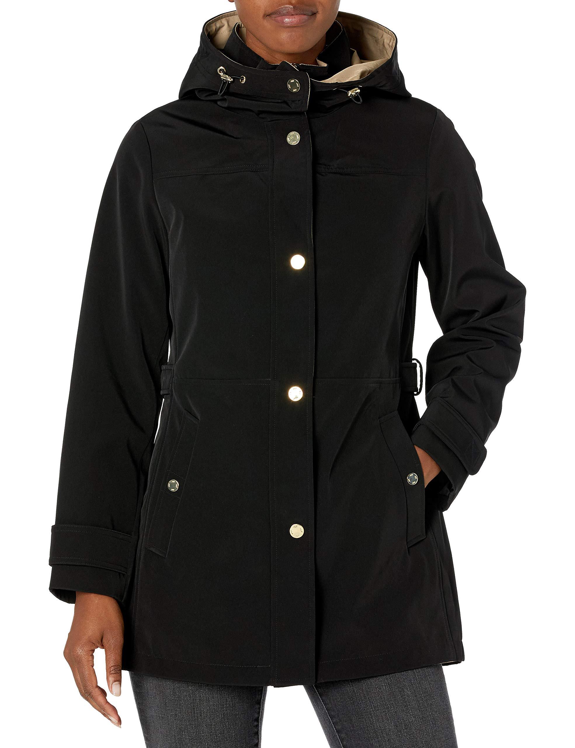 Jones New York Hooded Trench Coat Rain Jacket in Black | Lyst
